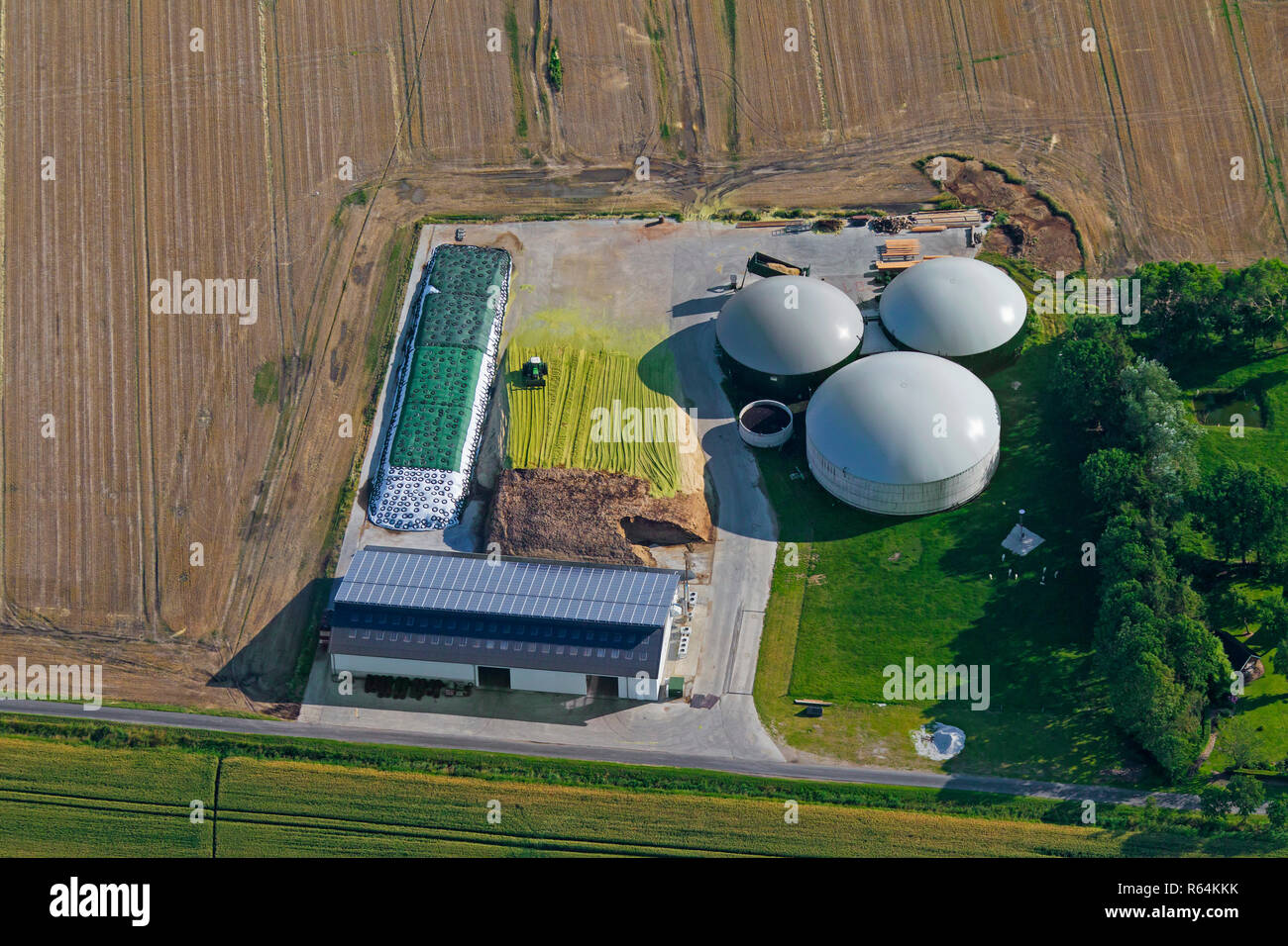 Veduta aerea impianto di digestione anaerobica che mostra digestivi di biogas gonfiabile titolari, Schleswig-Holstein, Germania Foto Stock