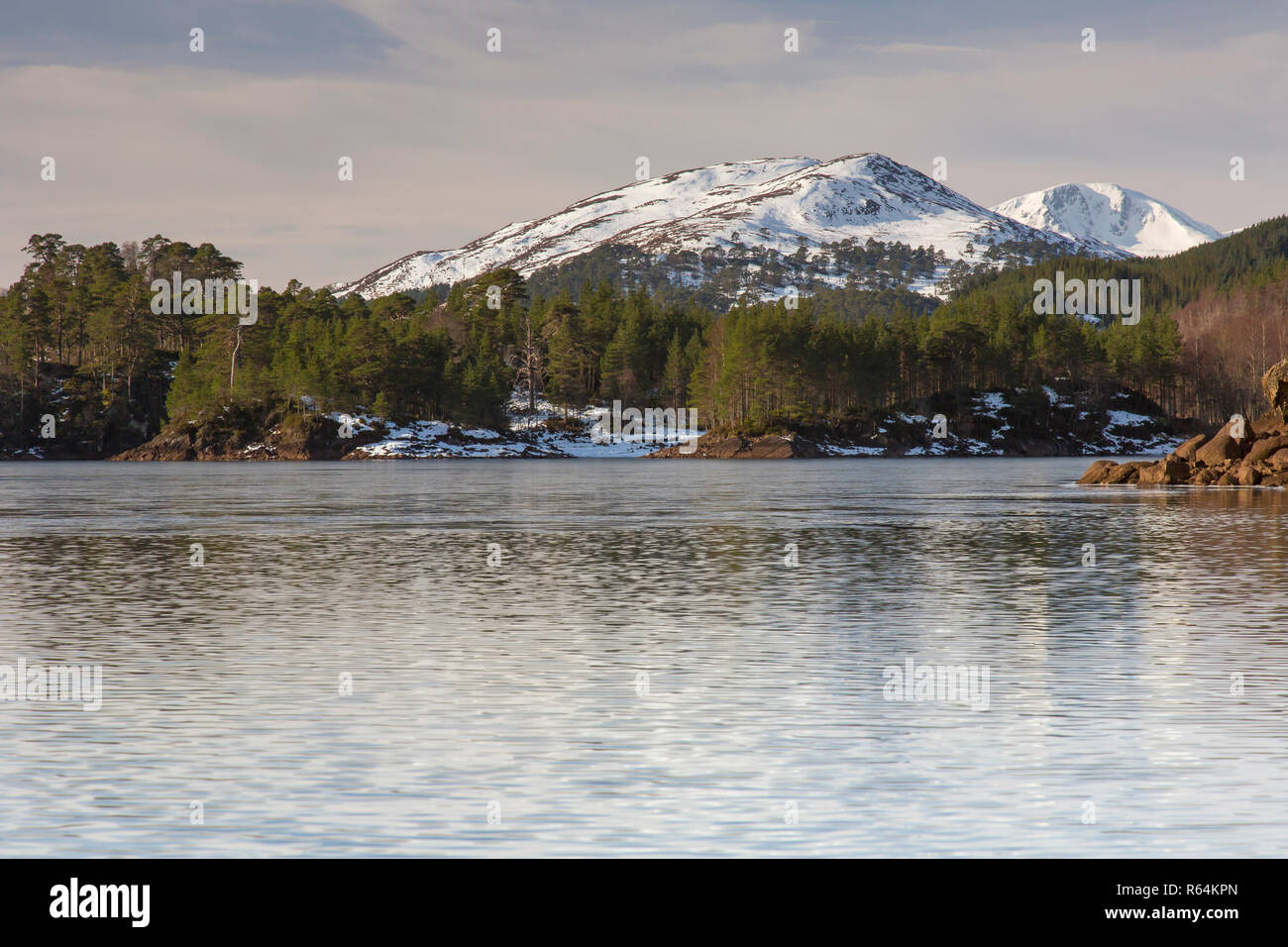 Loch Beinn un'Mheadhain / Loch Benevian in inverno, Glen Affric, Inverness-shire, Highlands scozzesi, Highland, Scotland, Regno Unito Foto Stock