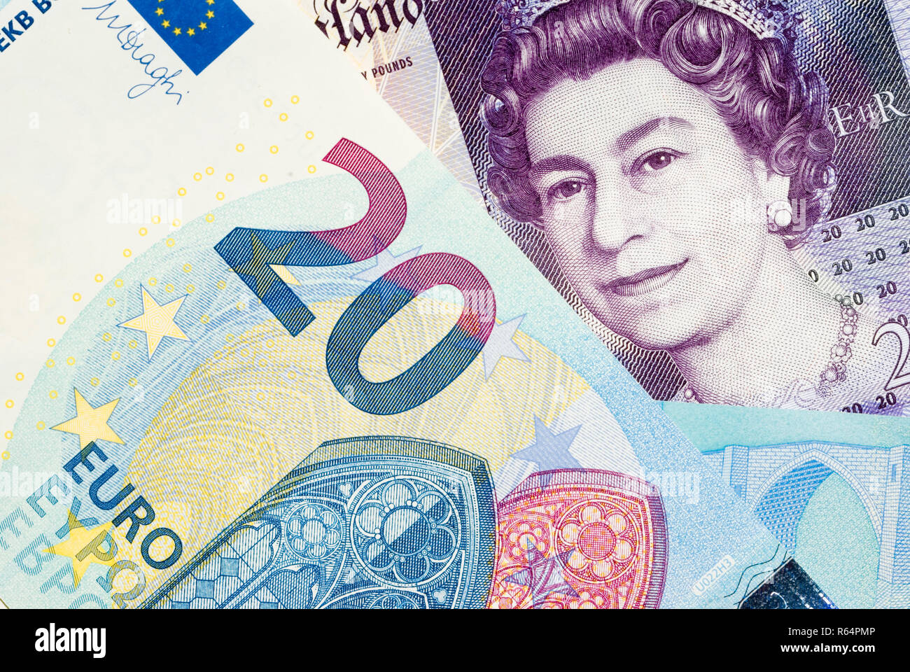 Venti Euro e Sterline Foto Stock