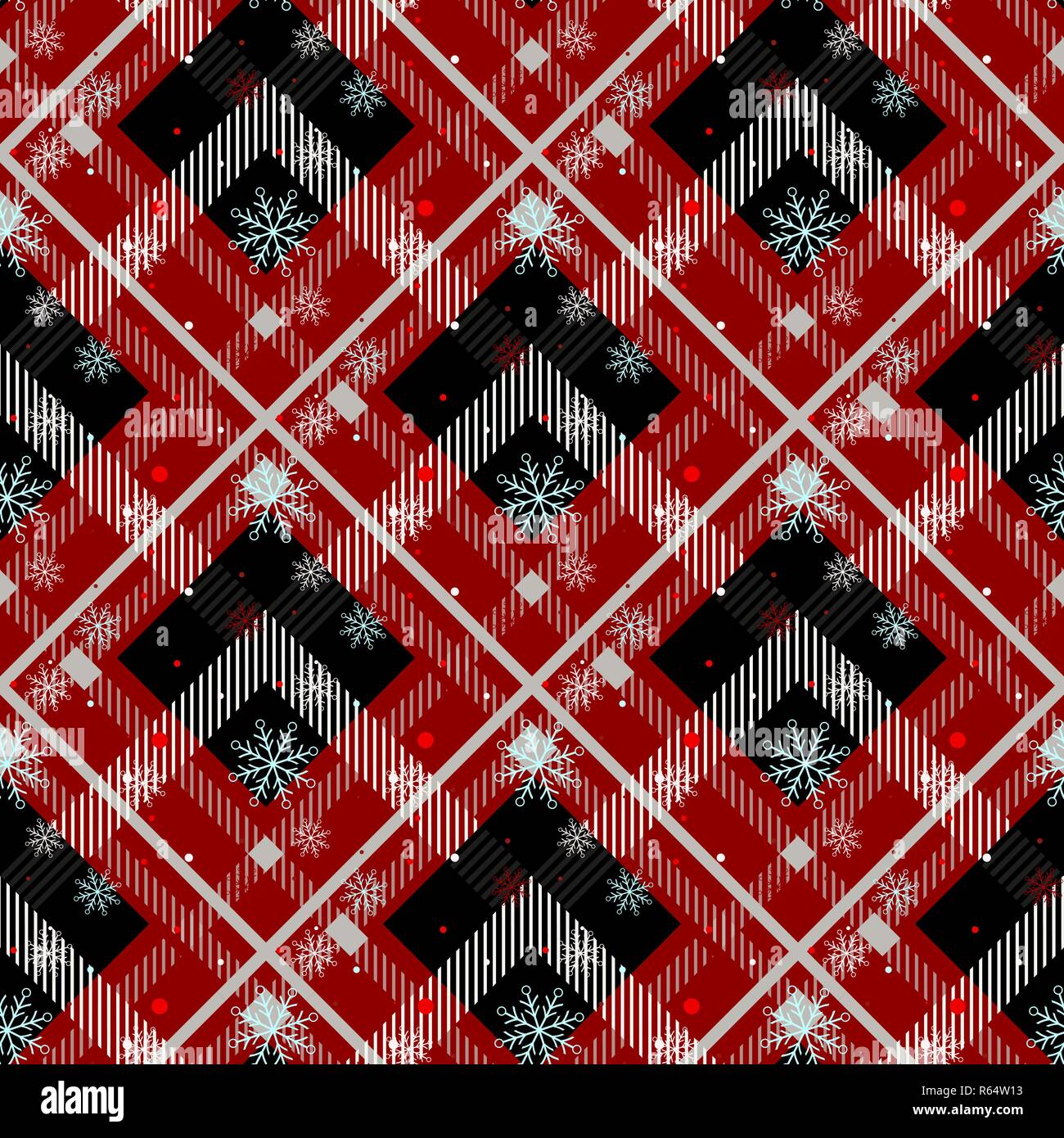 In Tartan Pattern Seamless sfondo. Rosso, nero, blu, beige e bianco a quadri con il simbolo del fiocco di neve, flanella Tartan Shirt pattern. Piastrelle alla moda Illustr vettore Illustrazione Vettoriale