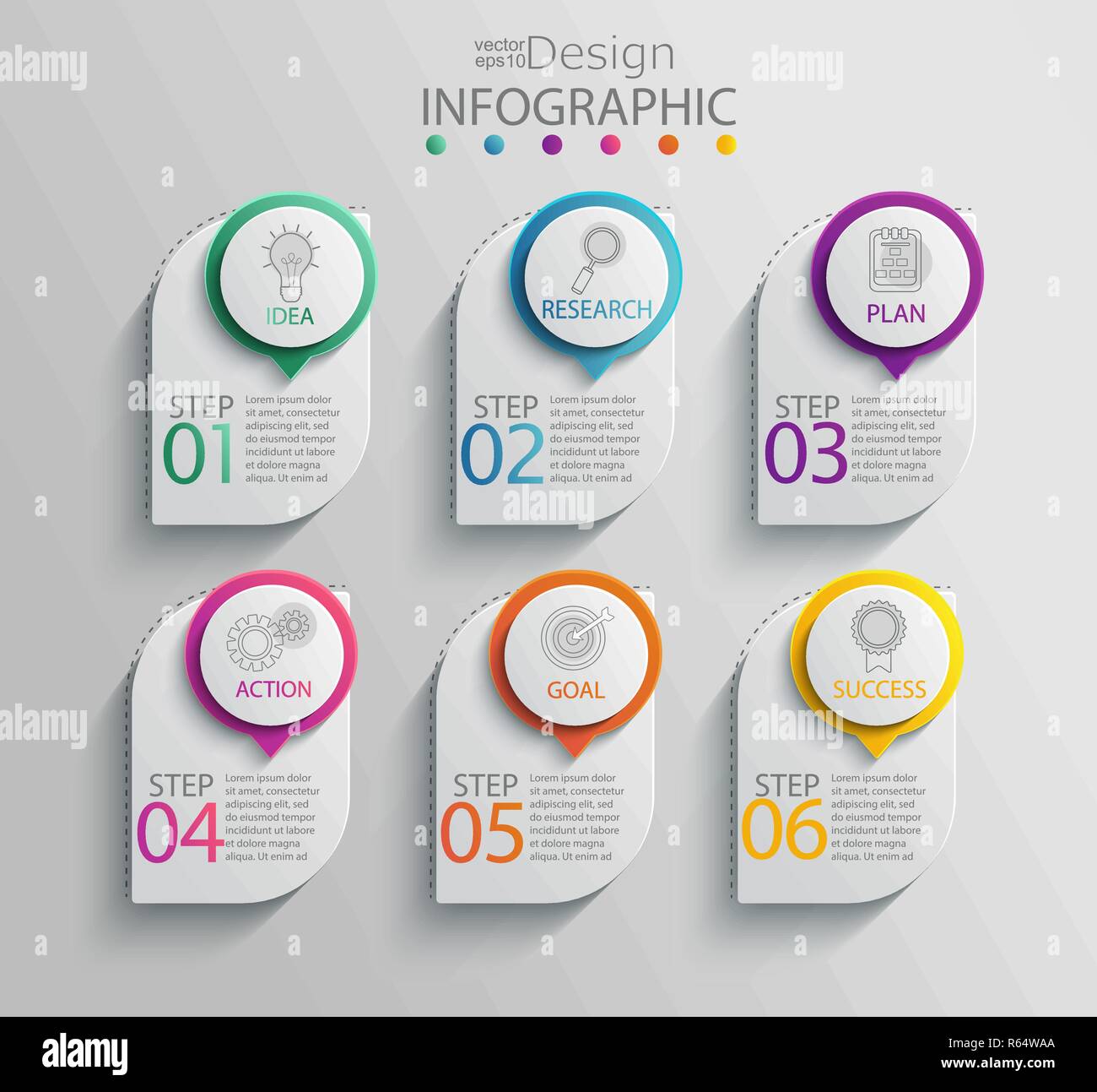 Infografico della carta modello con 6 opzioni per la presentazione e la visualizzazione di dati. Processo di business.grafico di diagramma con sei passaggi per il successo.Per conten Illustrazione Vettoriale