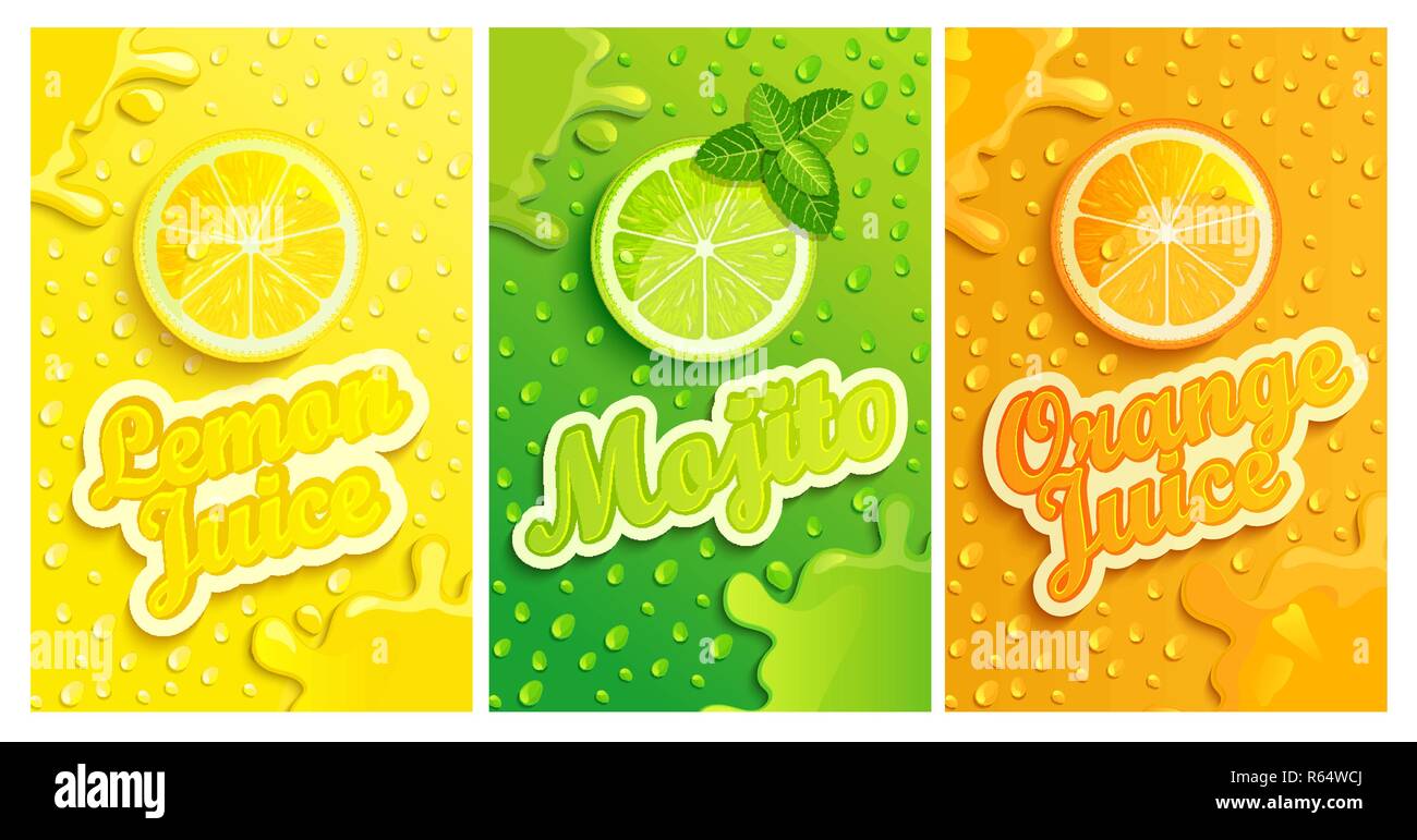 Set di limone fresco,mojito,succhi di arancia sfondi con gocce da condensazione, schizzi e fette di frutta per il marchio,logo e modello,etichetta,emblemi,negozi,imballaggio,pubblicità.illustrazione vettoriale Illustrazione Vettoriale
