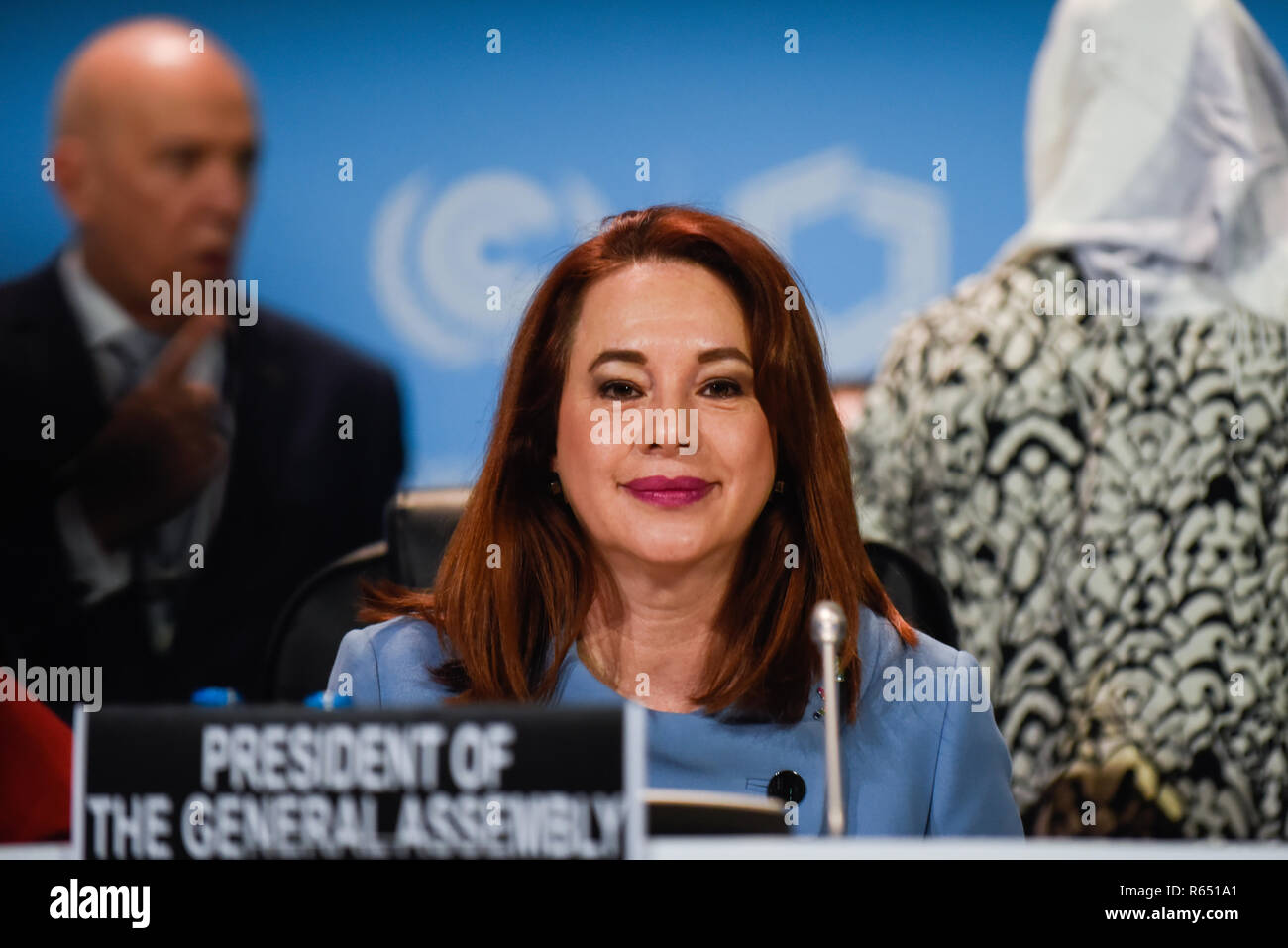 Presidente dell'Assemblea generale delle Nazioni Unite Maria Fernanda Espinosa Garces visto parlare durante la cerimonia di apertura della conferenza del COP24 Conferenza ONU sui Cambiamenti Climatici 2018. Foto Stock