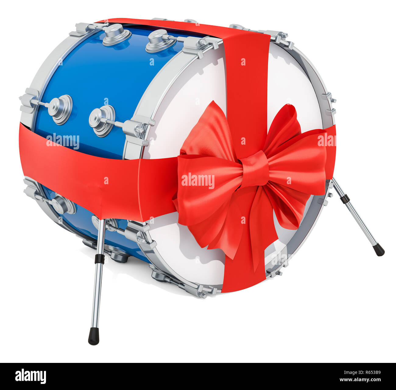Bass Drum con fiocco e nastro, dono del concetto. 3D rendering isolati su sfondo bianco Foto Stock