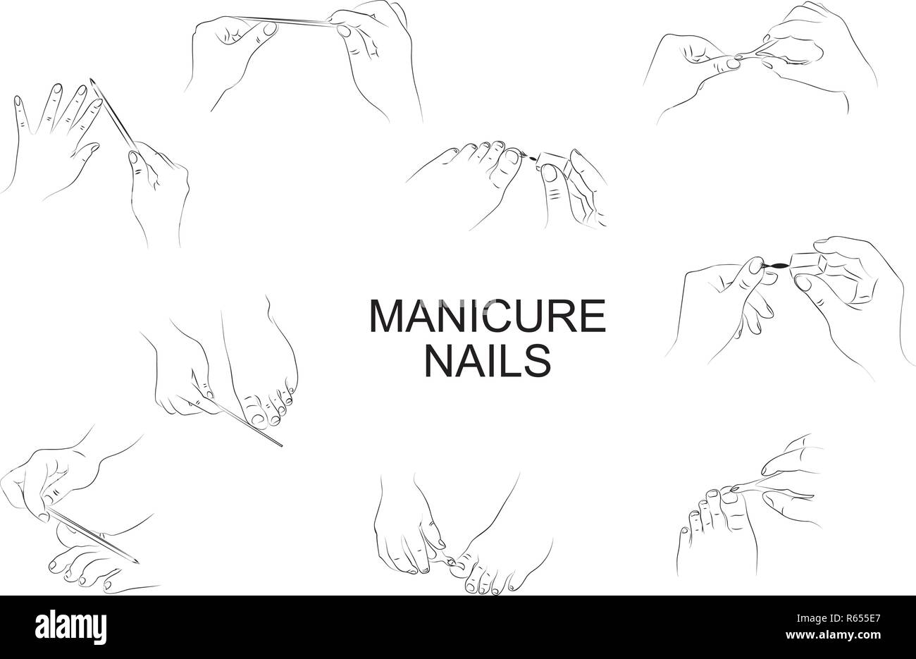 Illustrazione delle diverse posizioni delle mani e dei piedi durante il manicure Illustrazione Vettoriale