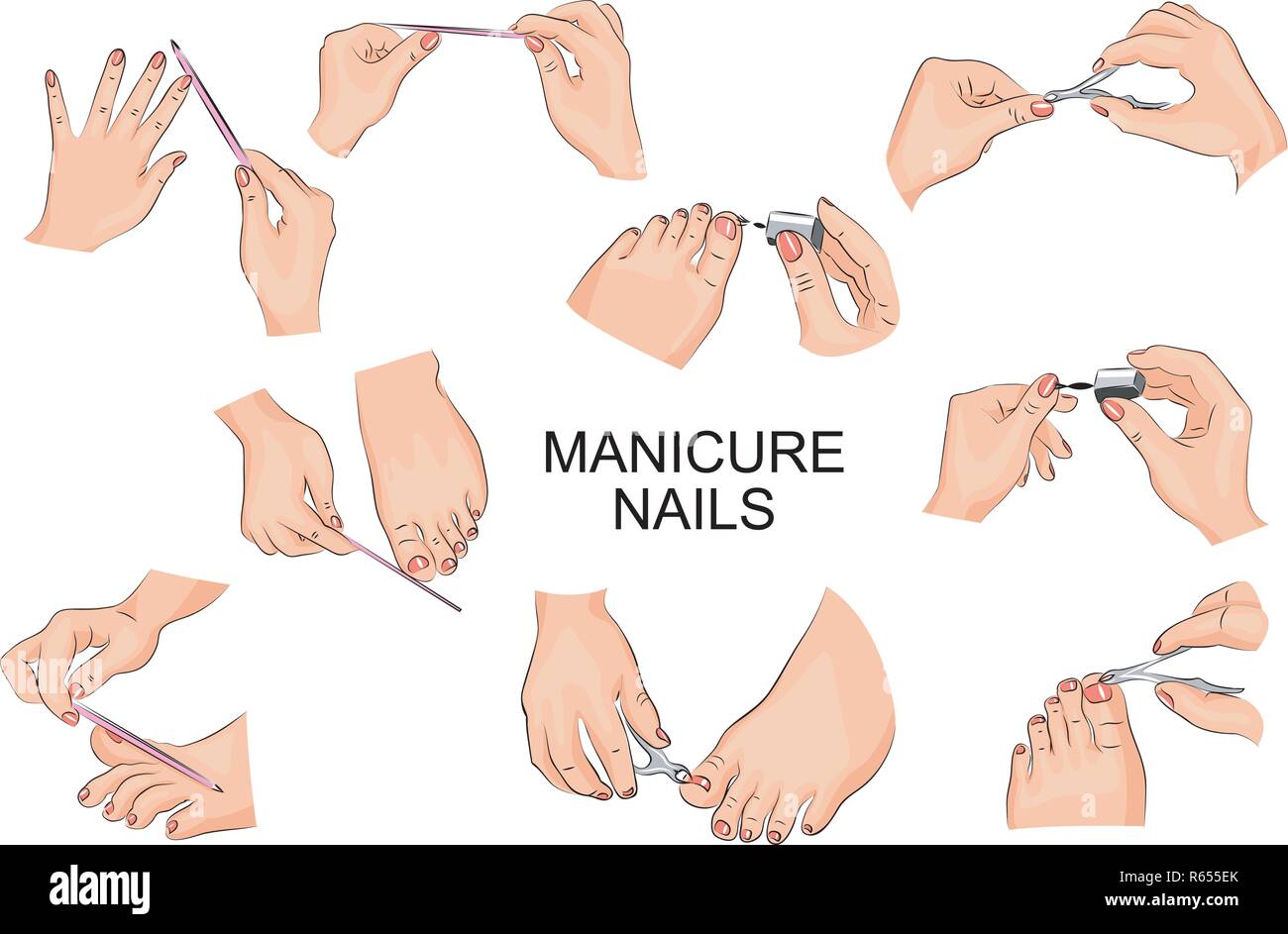 Illustrazione delle diverse posizioni delle mani e dei piedi durante il manicure Illustrazione Vettoriale