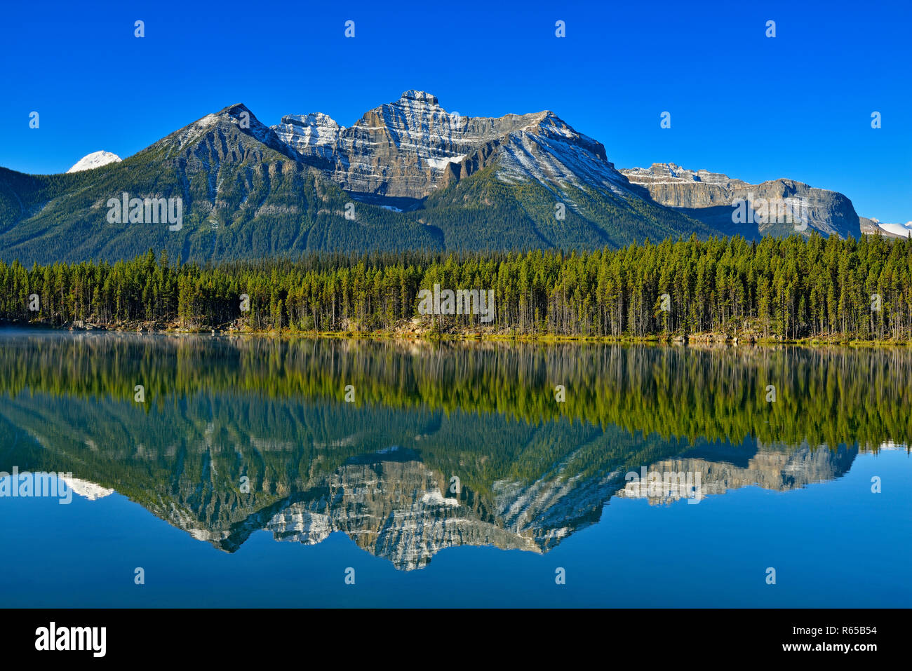 La gamma di prua si riflette nel lago di Herbert , il Parco Nazionale di Banff, Alberta, Canada Foto Stock