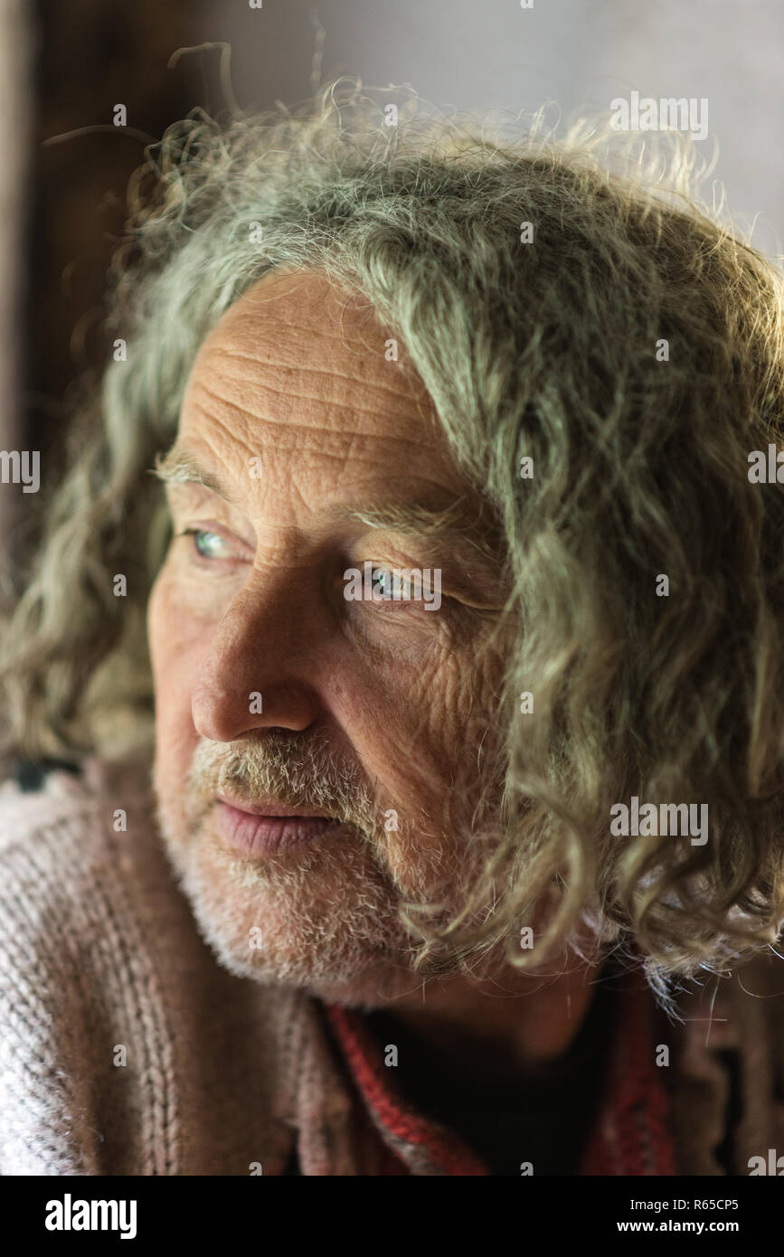 Ritratto Di Un Uomo Anziano Con Lunghi Capelli Ricci E Breve Taglio Di Barba Foto Stock Alamy