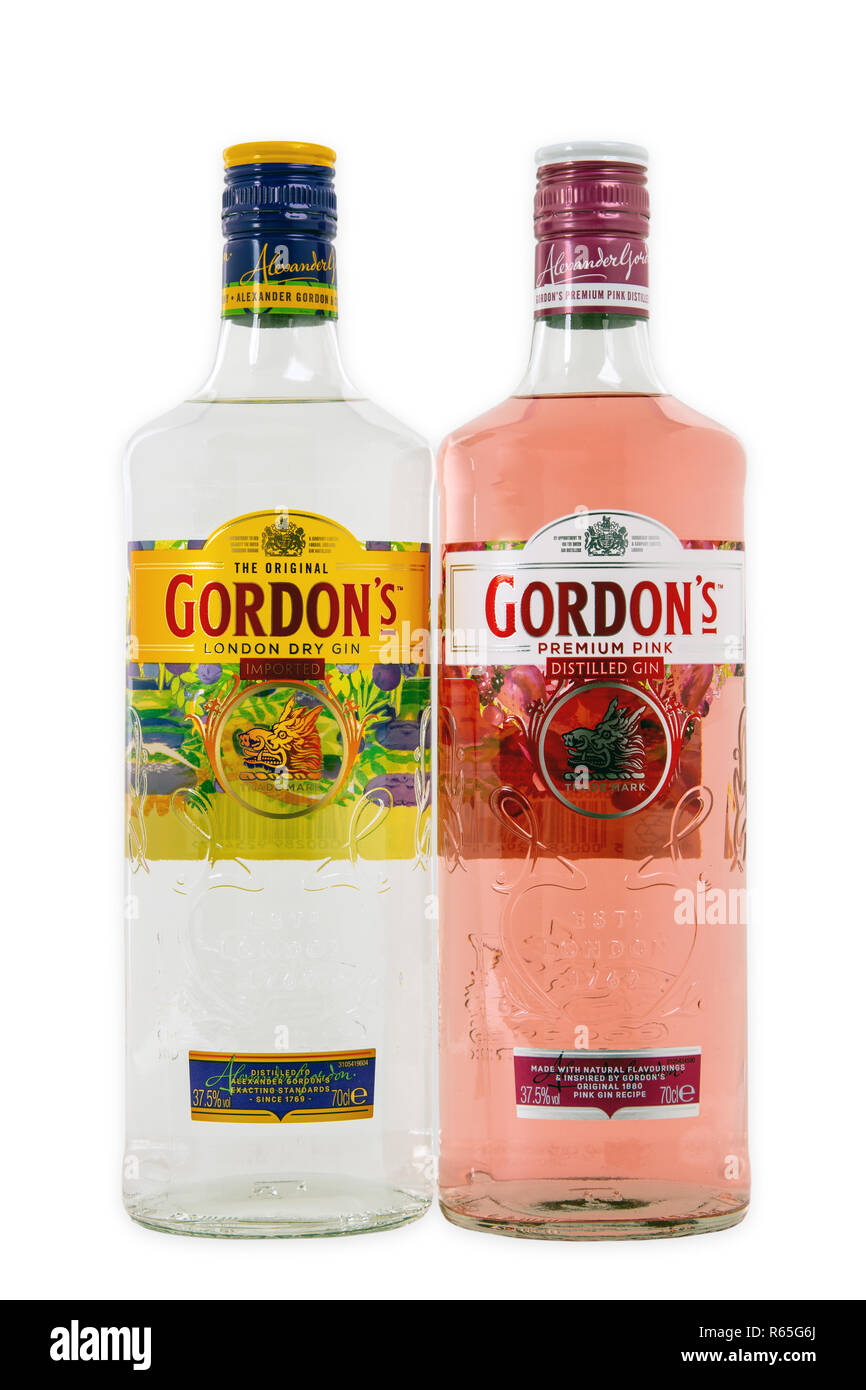 HUETTENBERG, Germania - 8 Settembre 2018: Gordon è un marchio del mondo best selling London dry gin. È di proprietà della British spirits company D Foto Stock