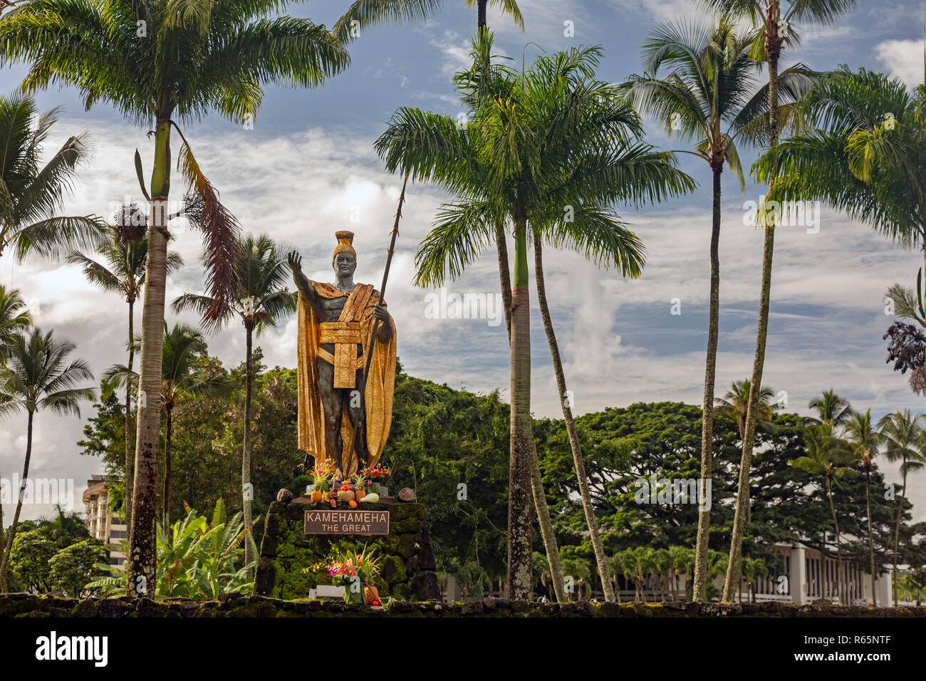 Hilo, Hawaii - Una statua di Kamehameha il grande nel Wailoa River State Park. Kamehameha unificato le isole Hawaii nel regno di Hawaii nel 1810 Foto Stock