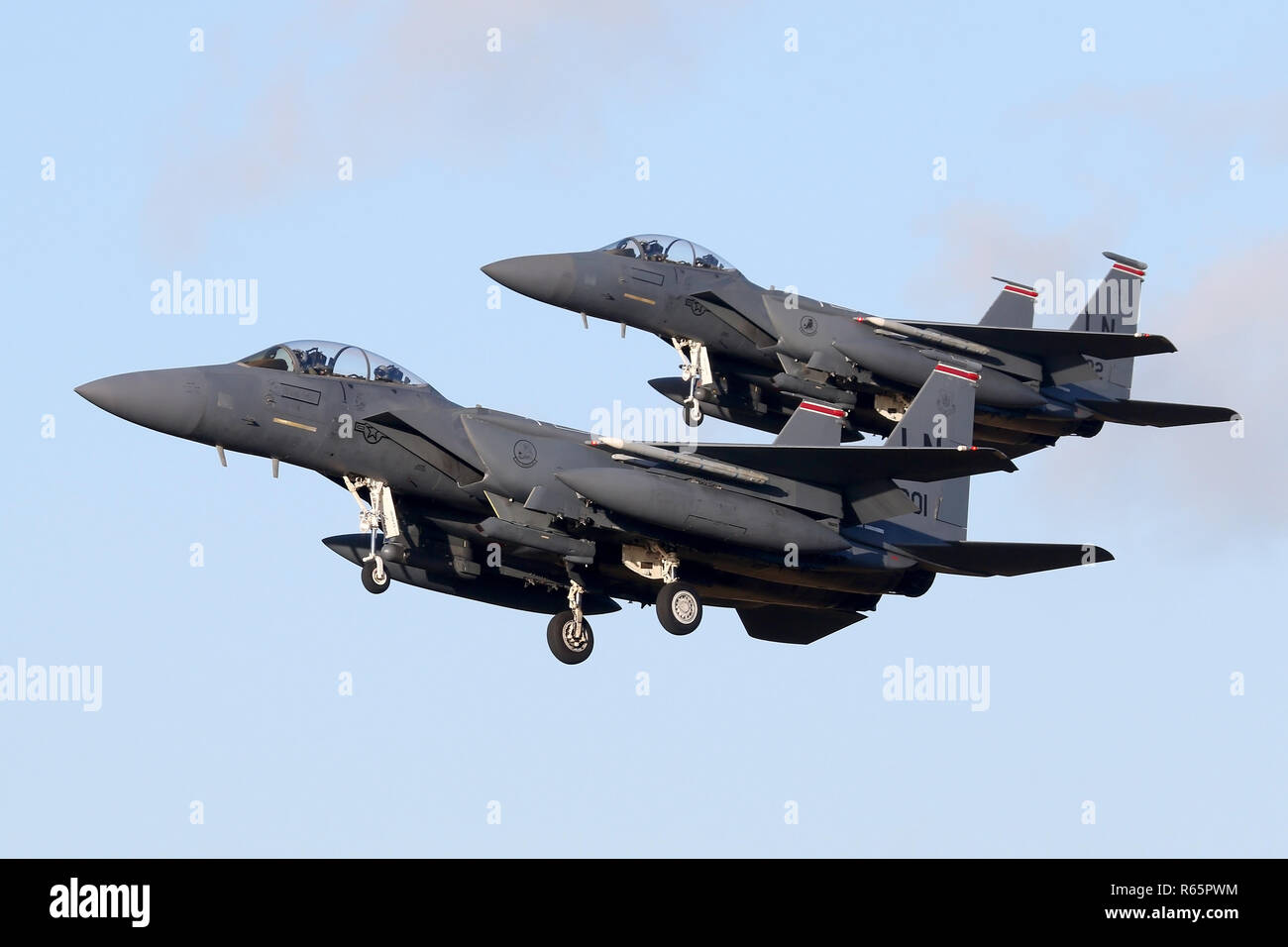 Approccio coppie da due navi di Lakenheath basato F-15E Strike Eagles assegnati ai residenti 48th Fighter Wing. Foto Stock