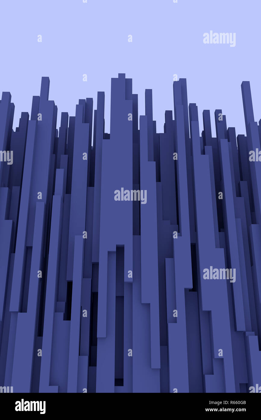 3d illustrazione di una struttura simile a una città futuristica,costituito da centinaia di blu cuboidi oblunga con una base quadrata Foto Stock