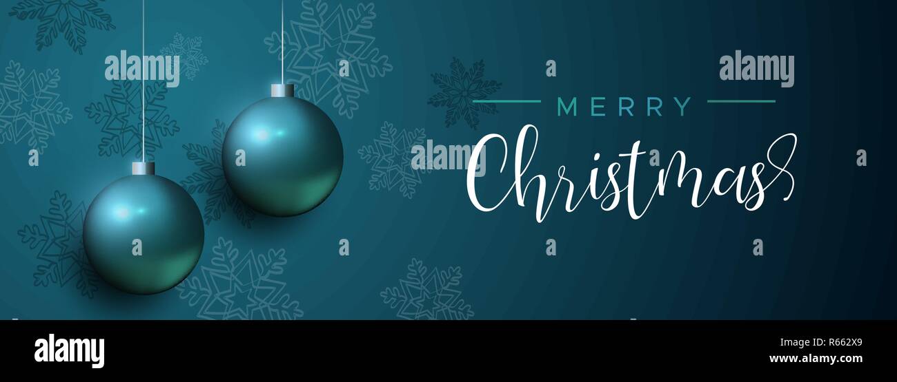 Merry Christmas banner con blu Pallina natale ornamenti e decorazioni del fiocco di neve. Vacanze di lusso sfere sfondo per invito o stagioni saluto. Illustrazione Vettoriale