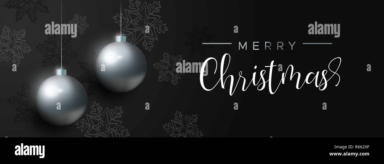 Merry Christmas banner con nero Pallina natale ornamenti e decorazioni del fiocco di neve. Vacanze di lusso sfere sfondo per invito o stagioni saluto. Illustrazione Vettoriale