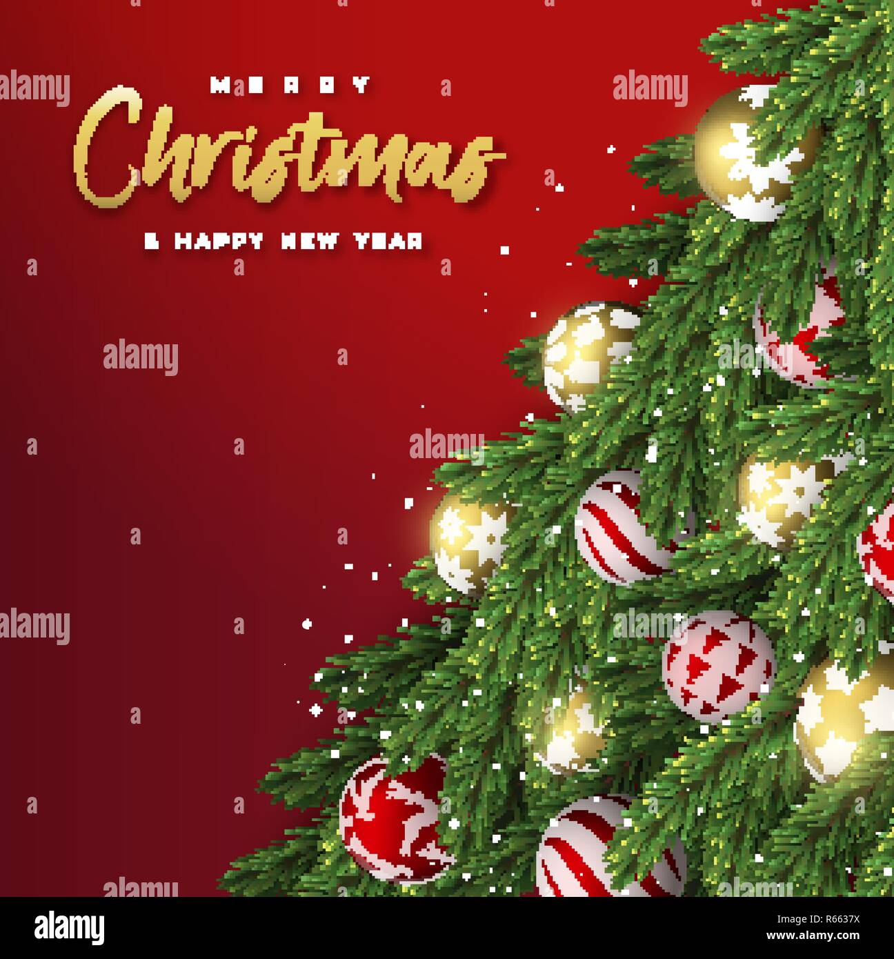 Auguri di Buon Natale felice anno nuovo card. Realistico pino con oro e rosso xmas ornamento di sfere per la vacanza di lusso invito o stagioni saluto. Illustrazione Vettoriale