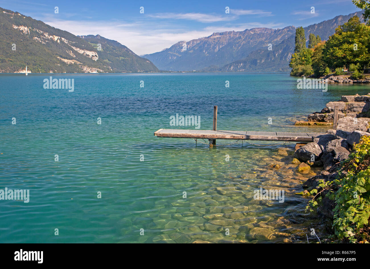 Pier sul Lago di Thun vicino a Spiez Foto Stock