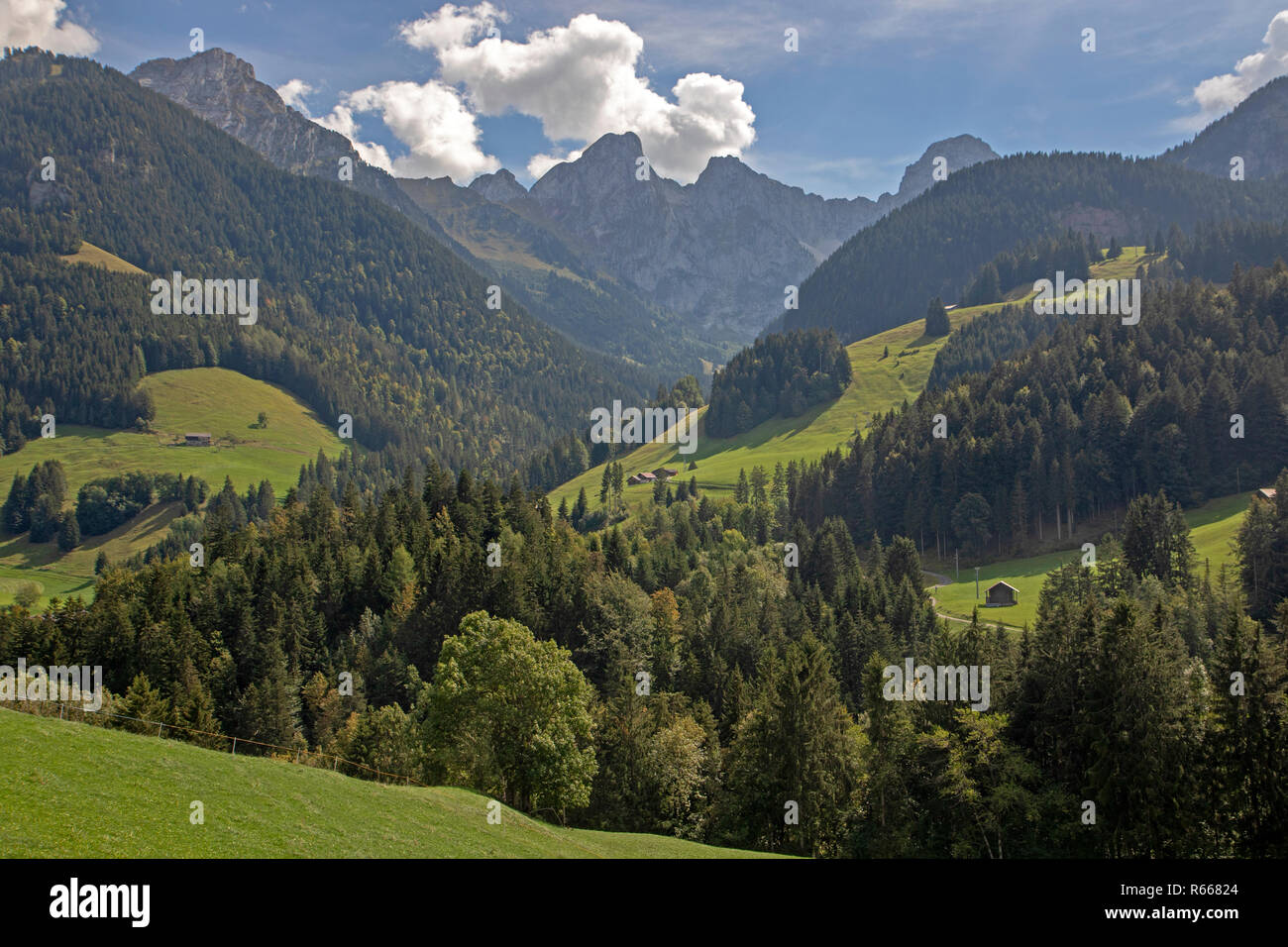 Il Pays d'Enhaut montagne, visto da Chateau d'Oex Foto Stock