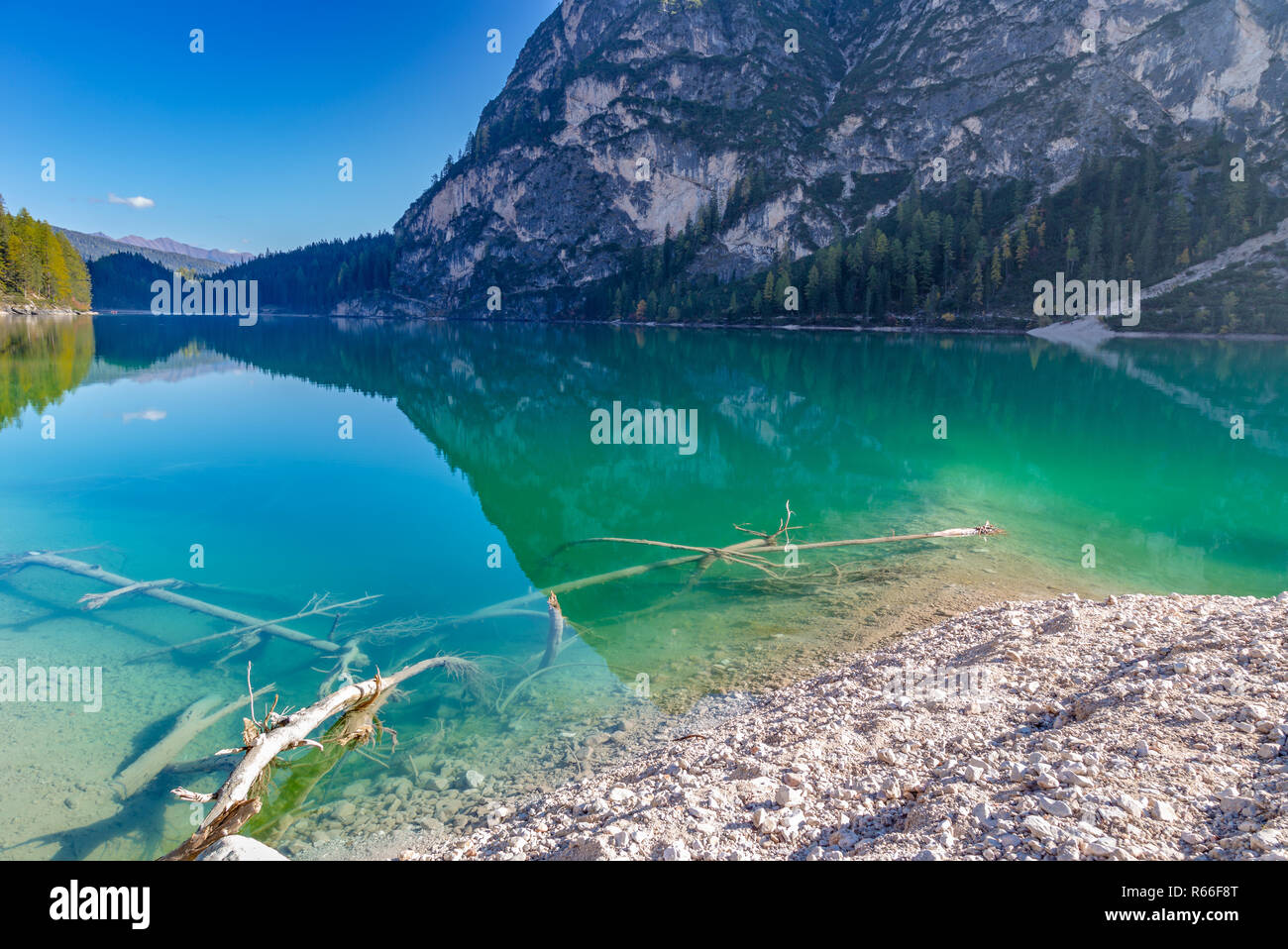 Il lago di Braies in autunno, Dolomiti, Alto Adige Foto Stock