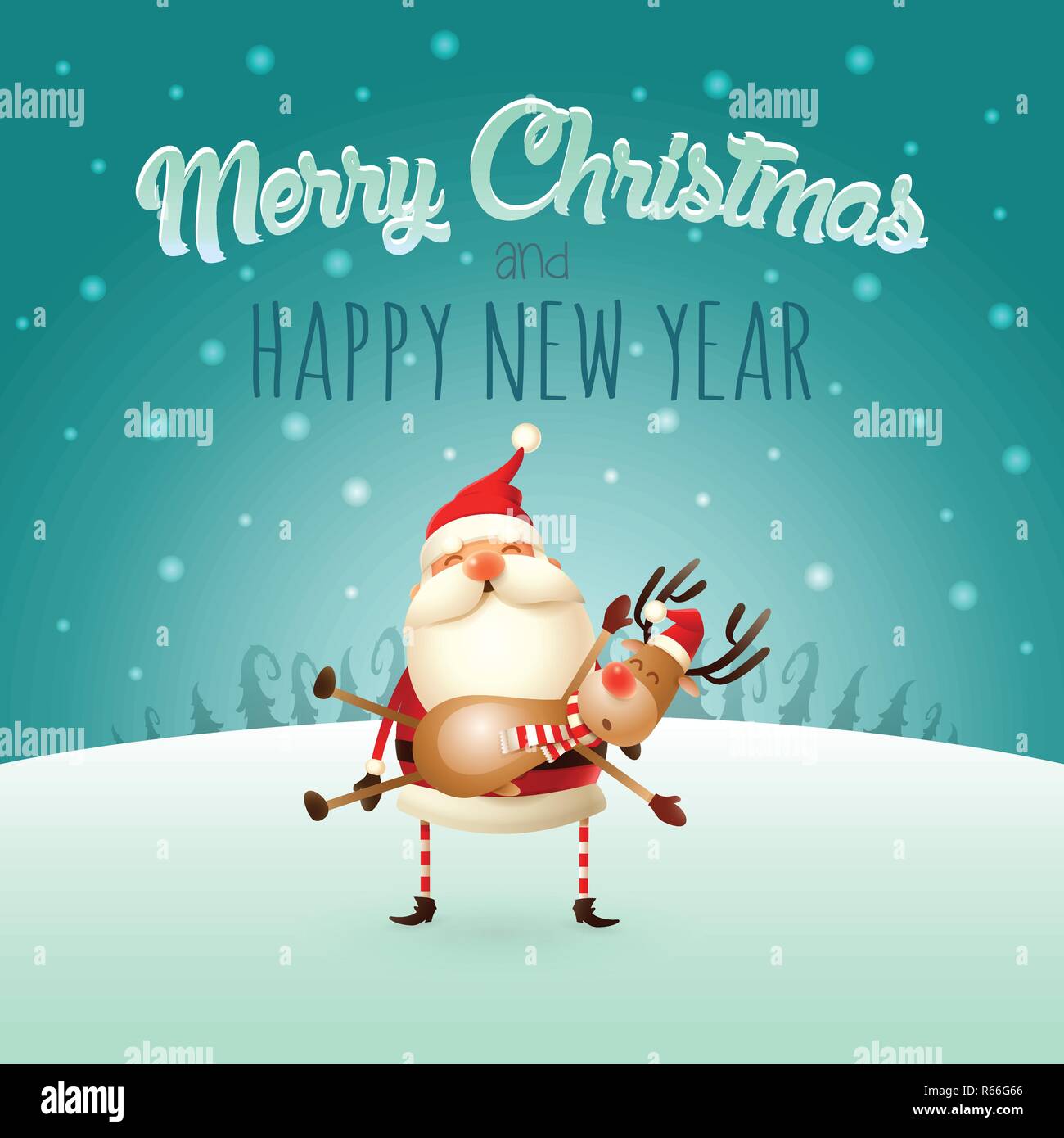 Biglietti Di Natale Renna.Buon Natale E Felice Anno Nuovo Biglietto Di Auguri Santa Claus Porta Una Renna Sulle Mani Immagine E Vettoriale Alamy