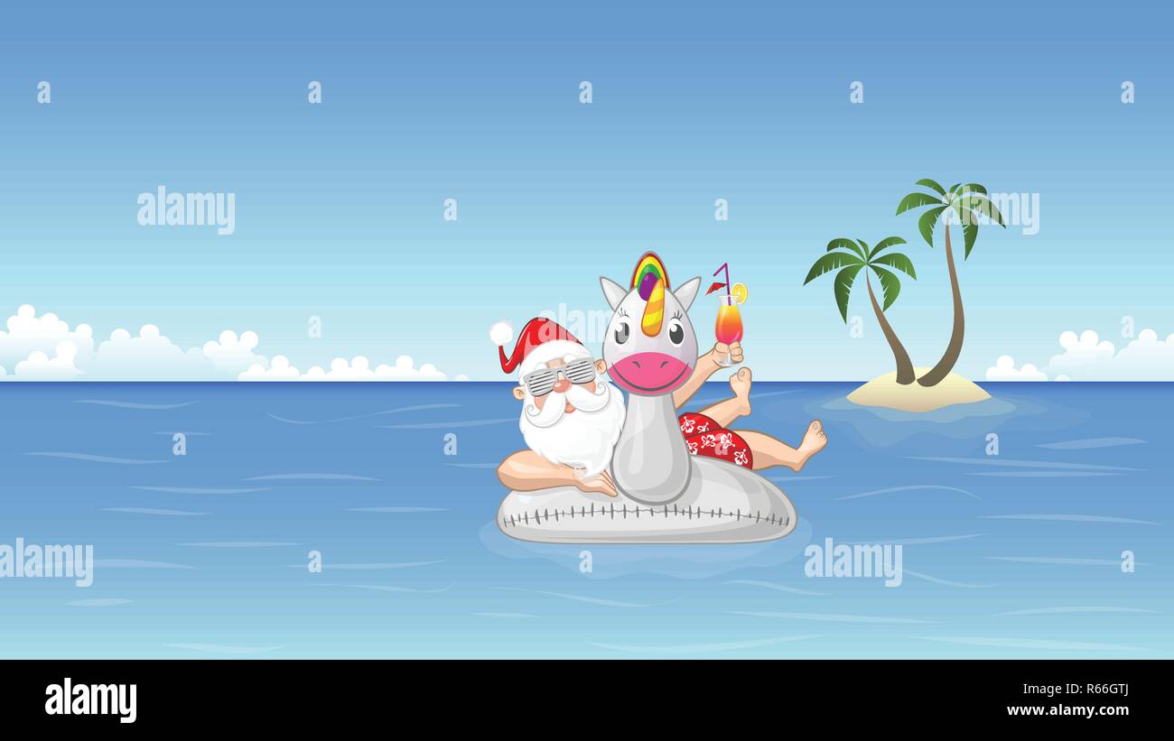 Babbo Natale sul gonfiabile galleggiante unicorn gode le vacanze estive Illustrazione Vettoriale