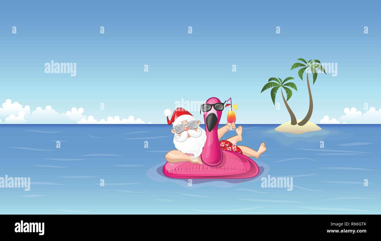 Babbo Natale il fenicottero gonfiabile galleggiante gode le vacanze estive Illustrazione Vettoriale
