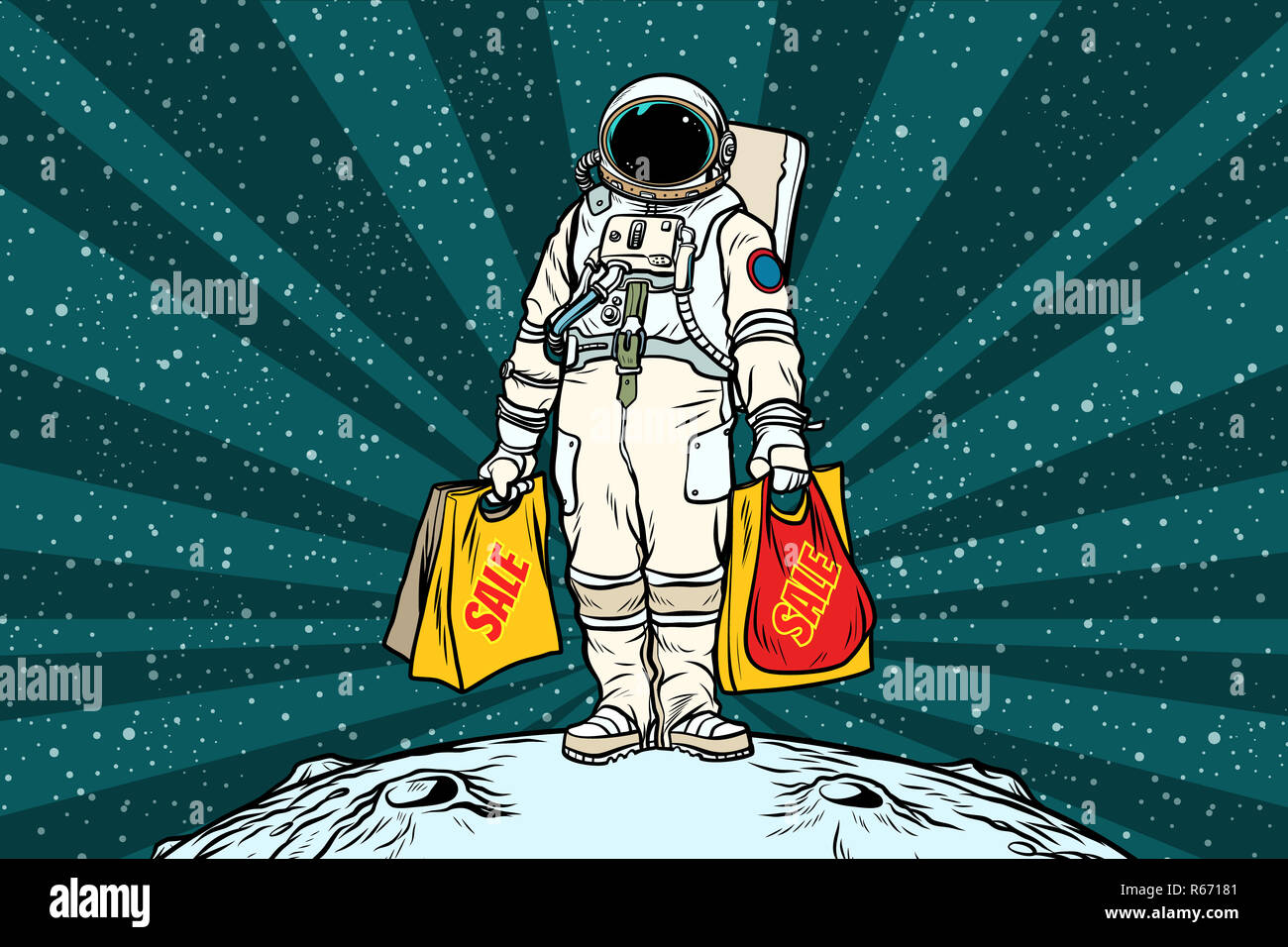 Lone astronauta retrò con una vendita borse per lo shopping Foto Stock