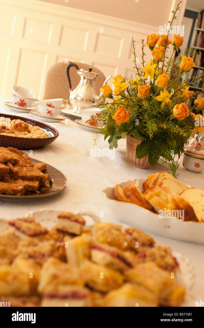 Pranzo set tavolo con fiori di primavera. Foto Stock
