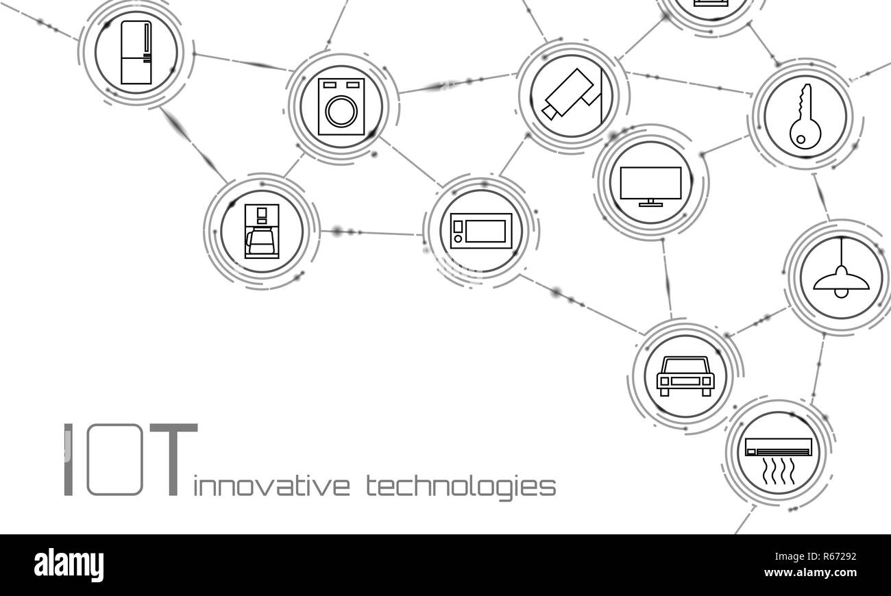Internet delle cose icona tecnologia innovazione concetto. Smart city rete di comunicazione wireless IOT TIC. Home intelligente sistema automazione industriale 4.0 ai moderni computer online illustrazione vettoriale Illustrazione Vettoriale