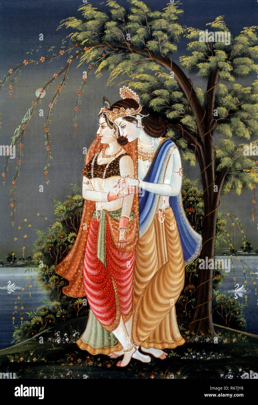 La pittura in miniatura di radha krishna, India Foto Stock