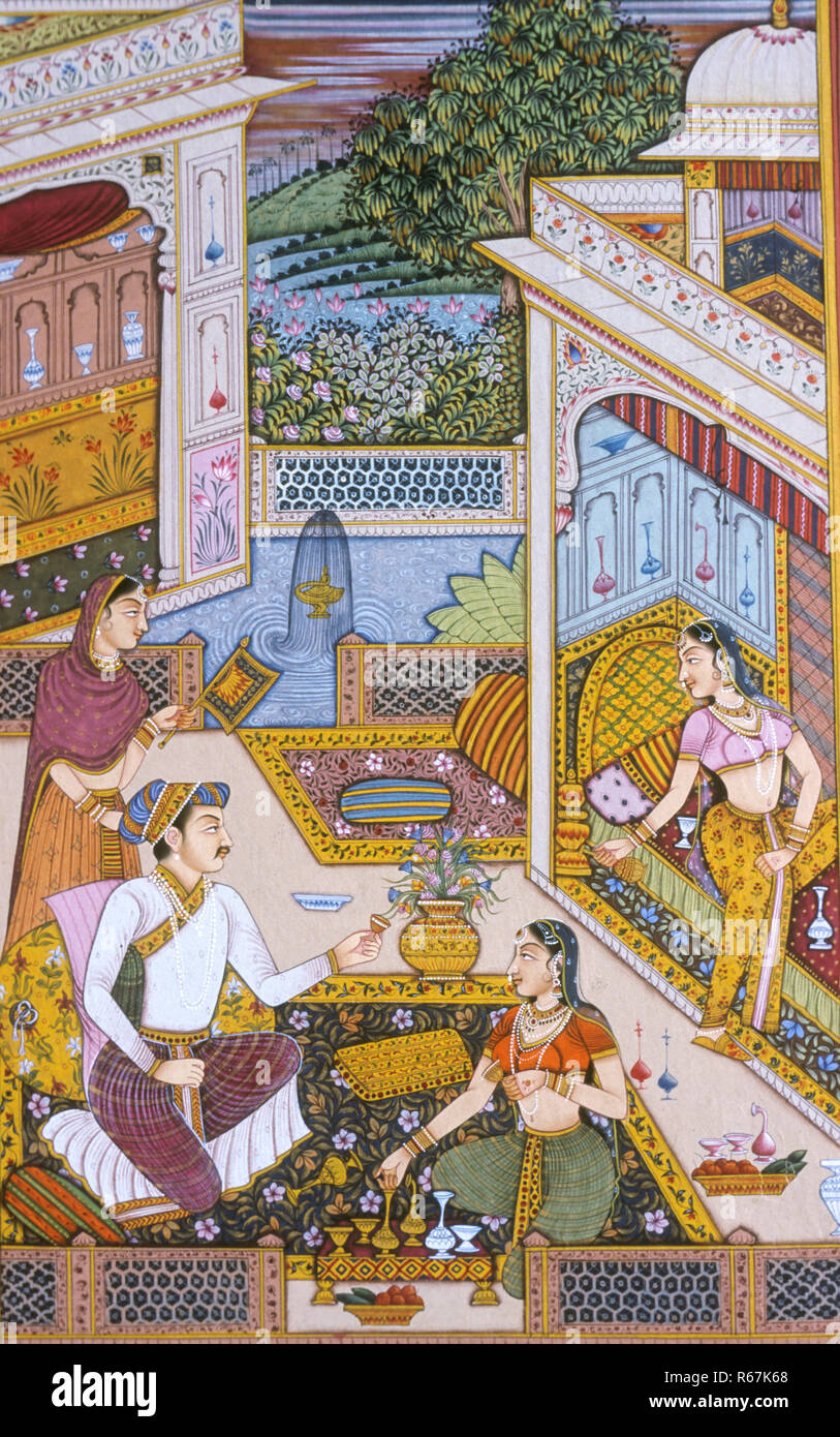 Mughal Imperatore con le sue mogli regine, pittura in miniatura, scena d'amore, India Foto Stock