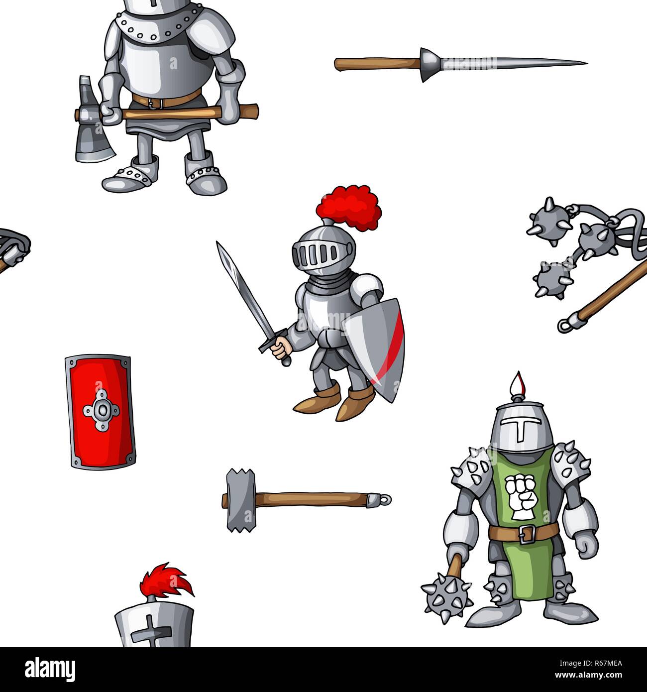 Medieval disegnati a mano modello senza giunture blindata cavalieri guerriero sfondo armi Illustrazione Vettoriale