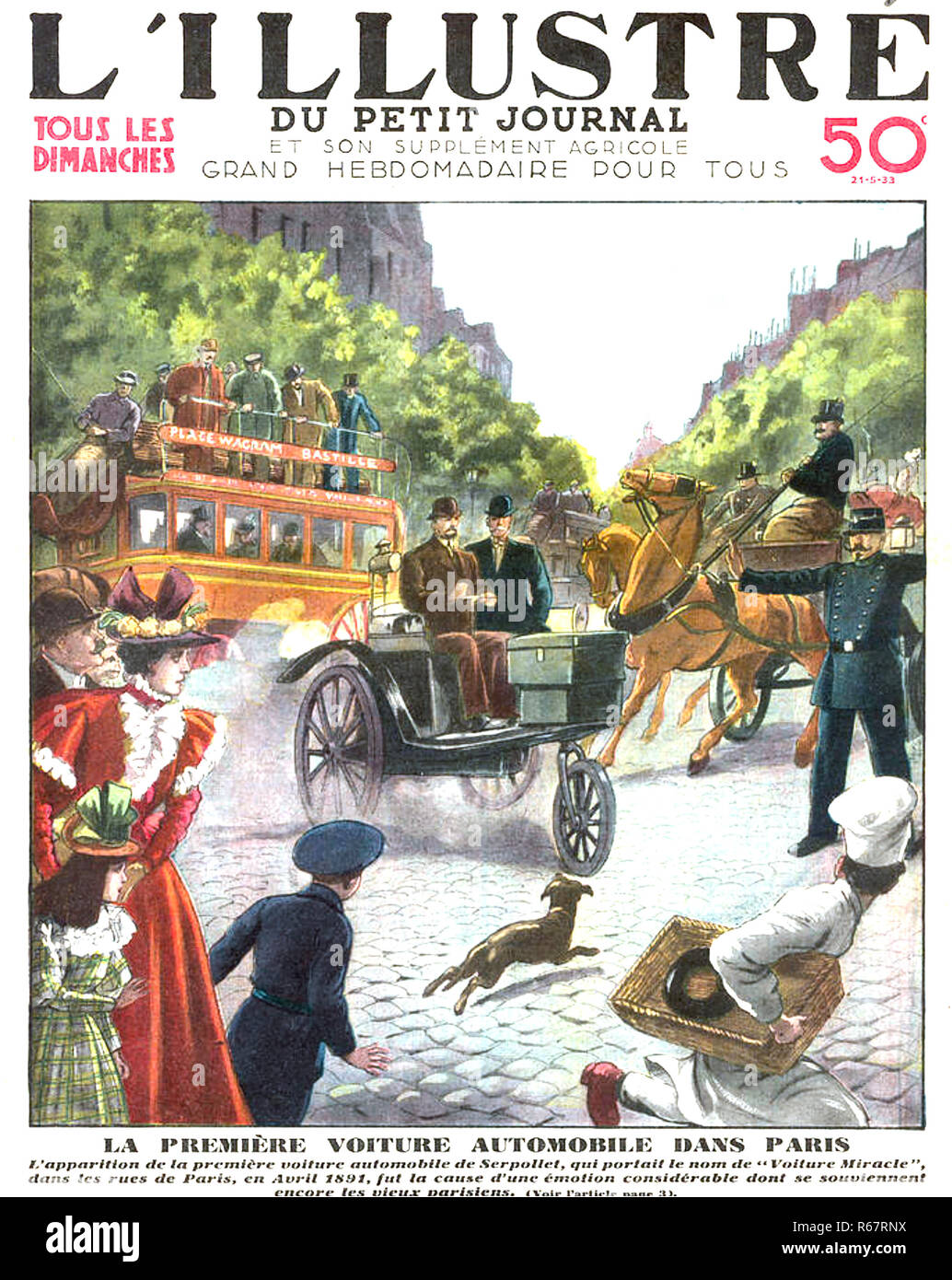 LÉON SERPOLLET (1858-1907) industriale francese e pioniere di automobili a vapore illustrato in aprile 1891 alla guida della sua Voiture miracolo come la prima auto in licenza a guidare su strade pubbliche in Parigi. Foto Stock