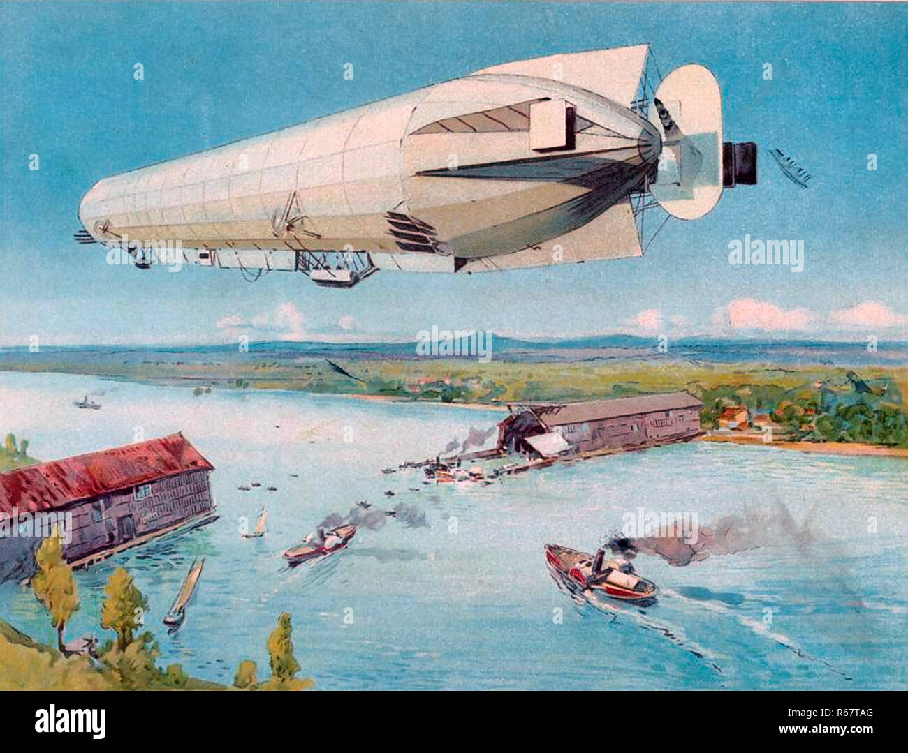 ZEPPELIN LZ4 con i suoi multipli stabilizzatori sul primo volo di prova sopra il lago di Costanza (Bodensee) il 2 Luglio 1900 Foto Stock