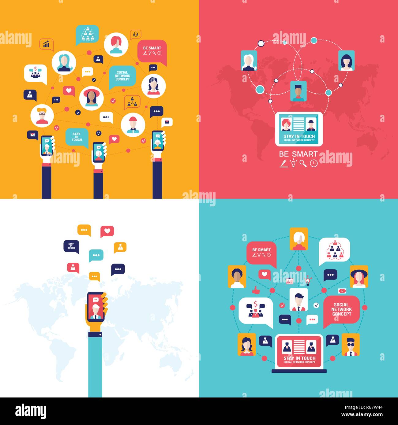 Social Network Banner Tecnologia insieme persone che utilizzano vari dispositivi elettronici Computer tablet le applicazioni del telefono mobile Illustrazione Vettoriale