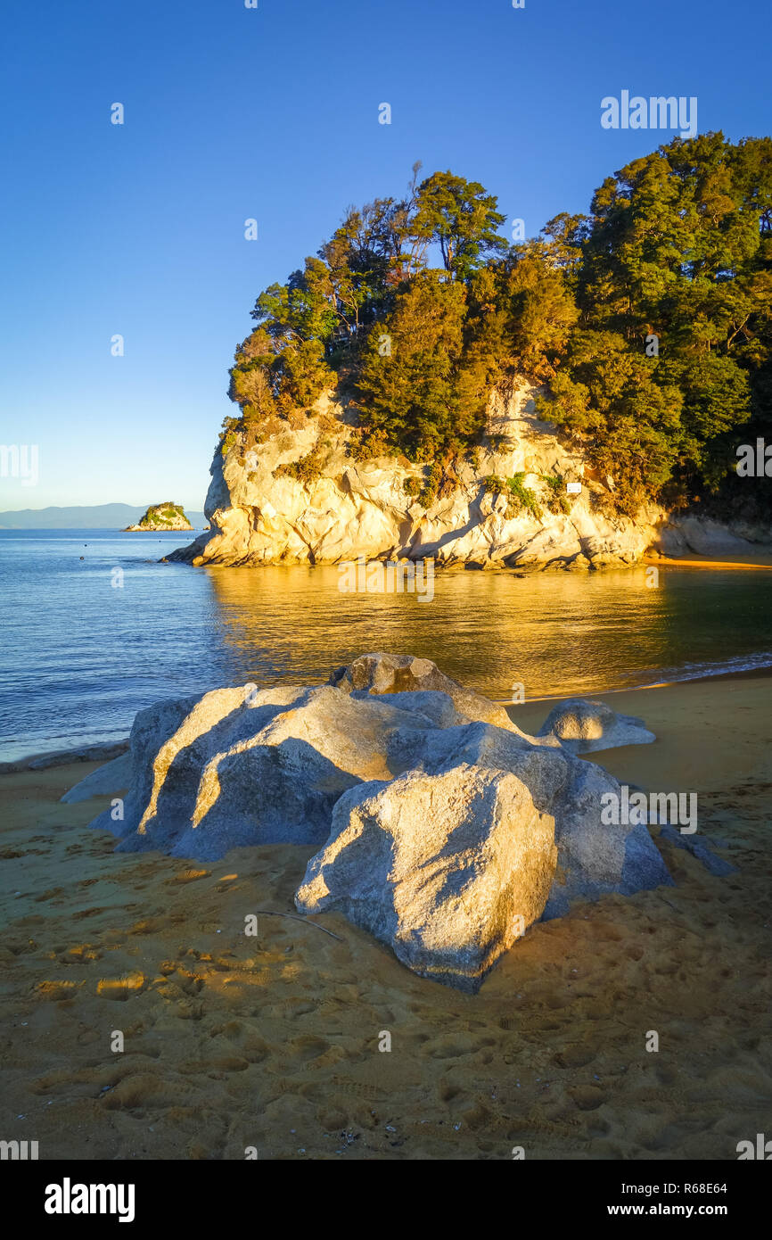Creek al tramonto nel Parco Nazionale Abel Tasman, Nuova Zelanda Foto Stock