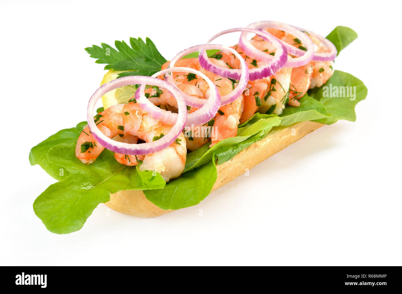 Sandwich di fine con gamberetti, lattuga e anelli di cipolla Foto Stock