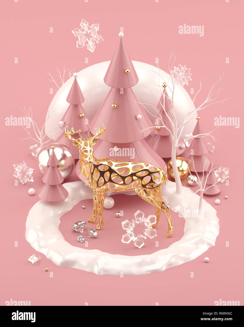 Oro rosa illustrazione di Natale con golden deer decorate di alberi di Natale e i fiocchi di neve. Foto Stock