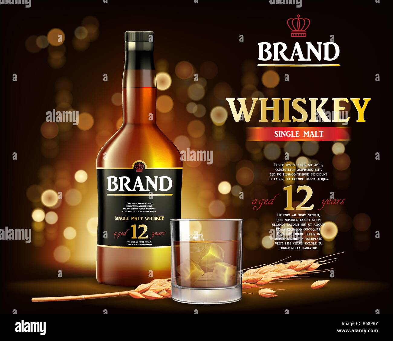 Whiskey annunci Bevande con ghiaccio coube design. Vetro realistico whiskey bottiglia su oro lucido. sfondo Vettore 3d illustrazione Illustrazione Vettoriale