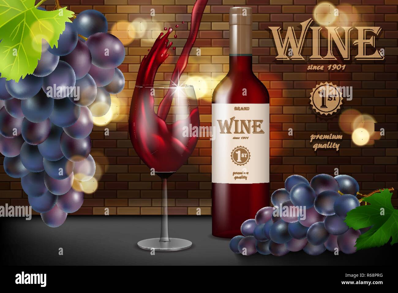 Annuncio vino rosso, bottiglia di vetro con uva su sfondo mattone, design in stile retrò. Bicchiere di vino trasparente con spruzzi per il menu del ristorante. vettore 3d Illustrazione Vettoriale