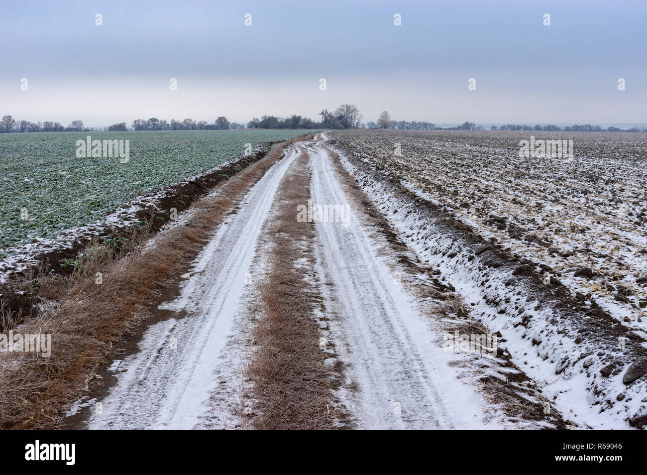 Paesaggio con una massa strada tra campi agricoli contemplati dalla prima neve in Ucraina in tarda stagione autunnale Foto Stock