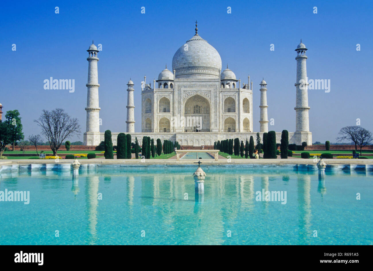 Taj Mahal, mausoleo in marmo bianco d'avorio, meraviglie del mondo, patrimonio dell'umanità dell'UNESCO, Agra, Uttar Pradesh, India, Asia Foto Stock