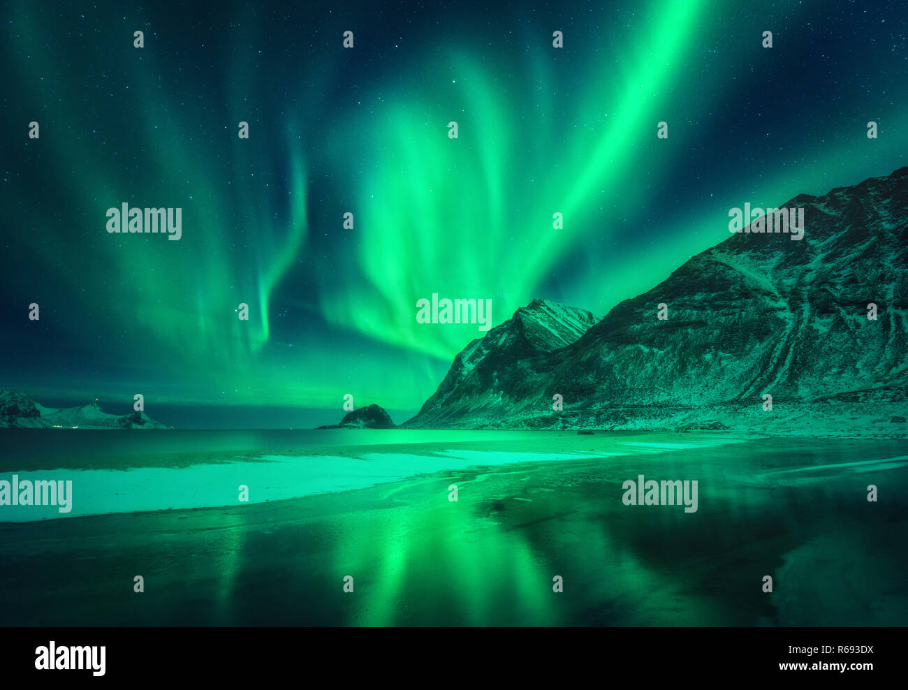 Luci del nord in isole Lofoten in Norvegia. Green aurora boreale. Cielo stellato con luci polari. Notte paesaggio invernale con aurora, il mare con il pupazzo di neve c Foto Stock