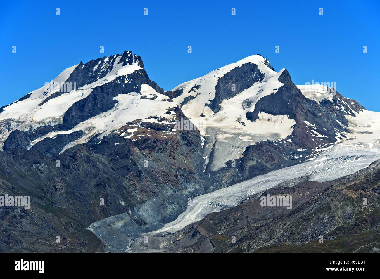 Picchi, Rimpfischhorn Strahlhorn e Adlerhorn, ghiacciaio Findelgletscher, Pennine, Zermatt, Svizzera Foto Stock