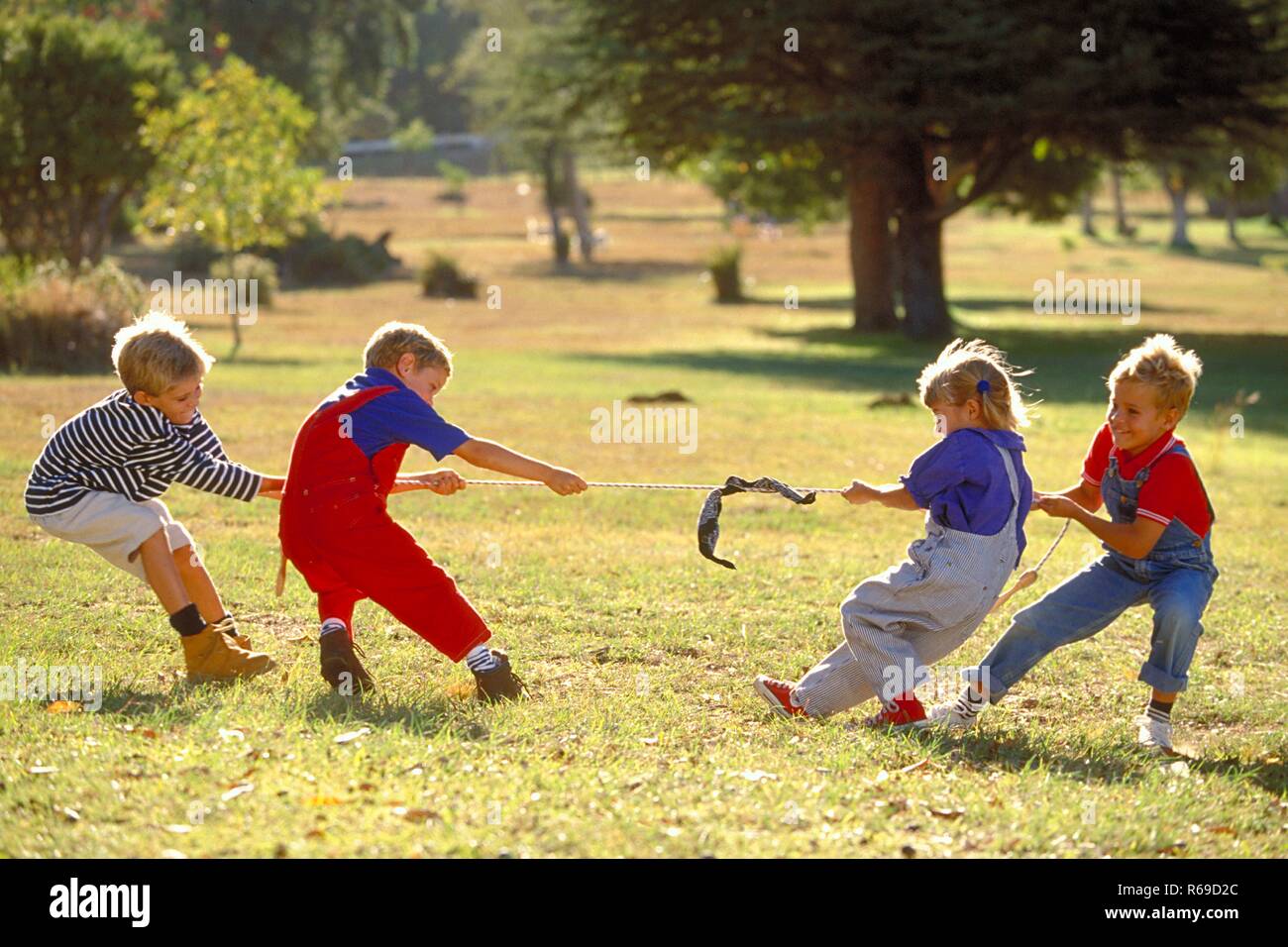 All'aperto, Parkszene, Gruppe von vier Kindern, 5-8 Jahre, spielen Tau Ziehen auf einer Wiese Foto Stock