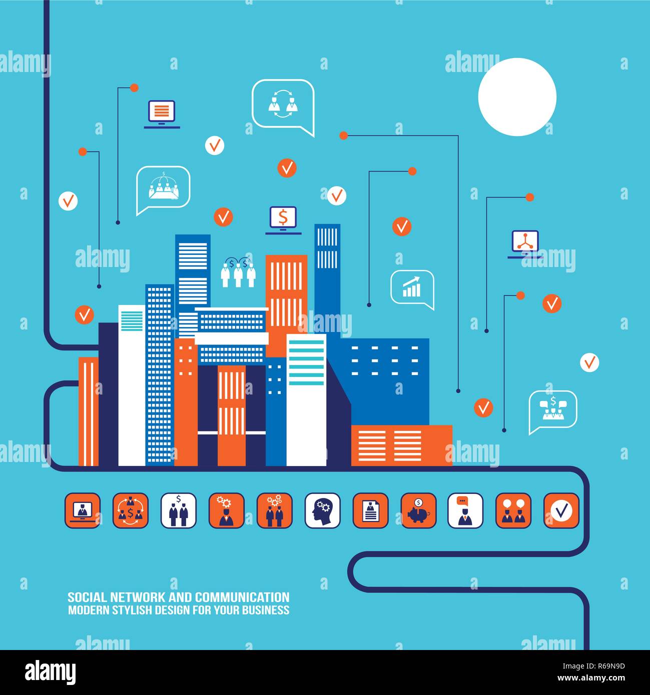 Città social network ed infografico moderno design piatto. Illustrazione Vettoriale Illustrazione Vettoriale