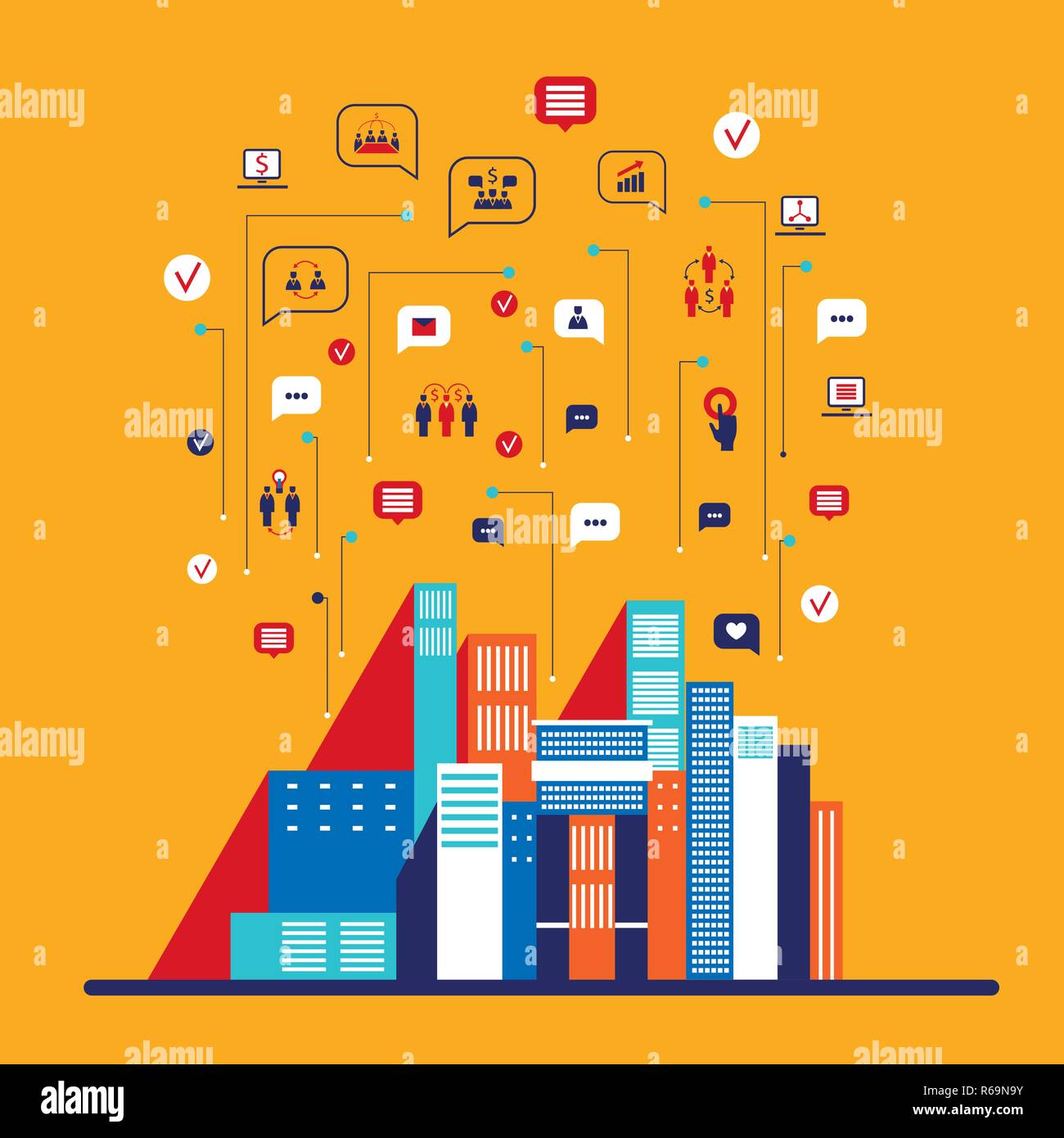 Città social network ed infografico moderno design piatto. Illustrazione Vettoriale Illustrazione Vettoriale