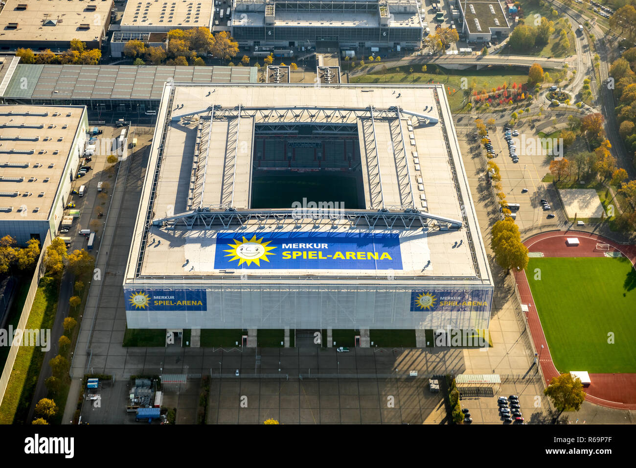 Vista aerea, Merkur Spiel-Arena football Stadium, Stockum, Düsseldorf, Basso Reno, Nord Reno-Westfalia, Germania Foto Stock