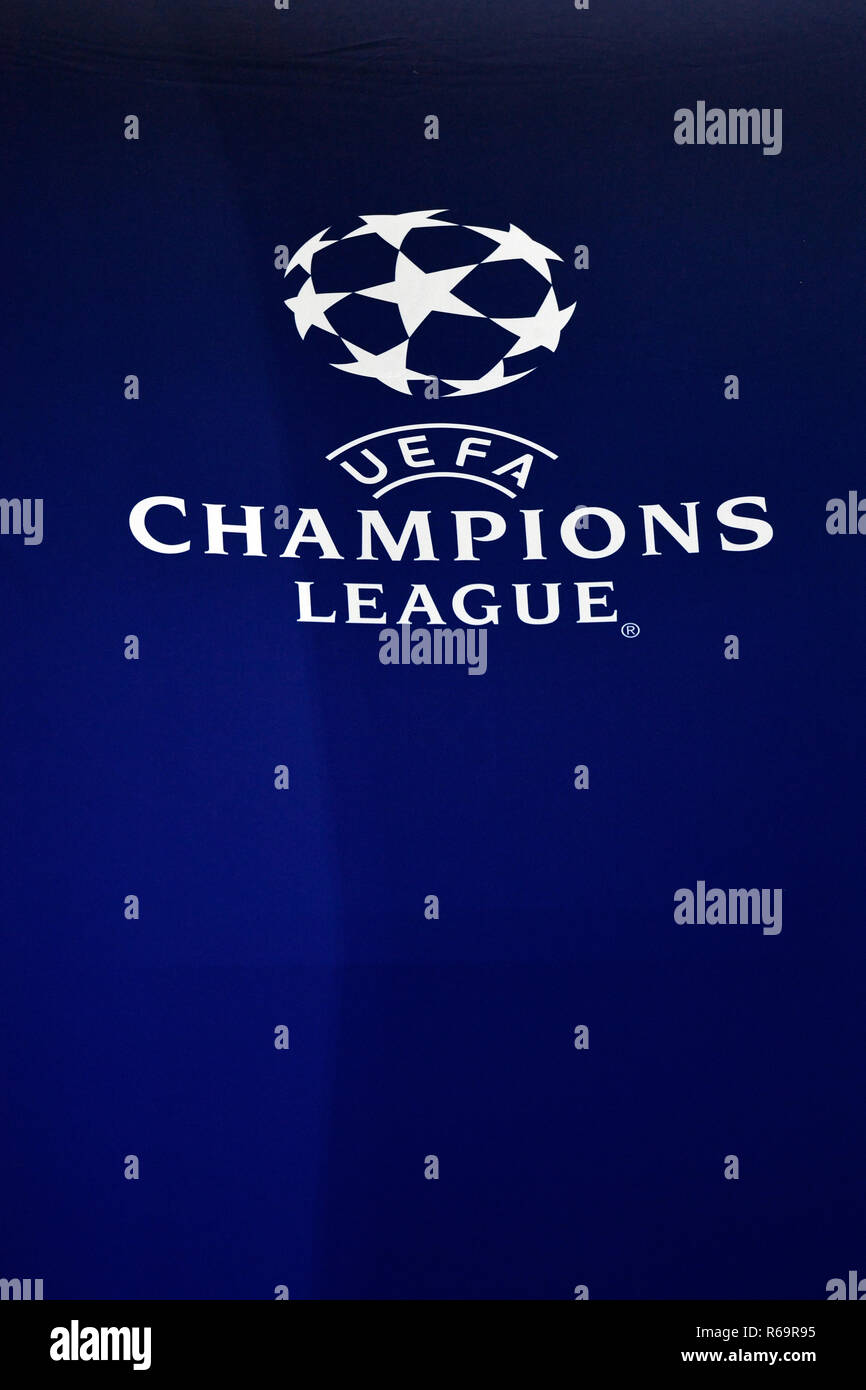 Logo UEFA Champions League, calcio, stadio Allianz Arena di Monaco di Baviera, Germania Foto Stock
