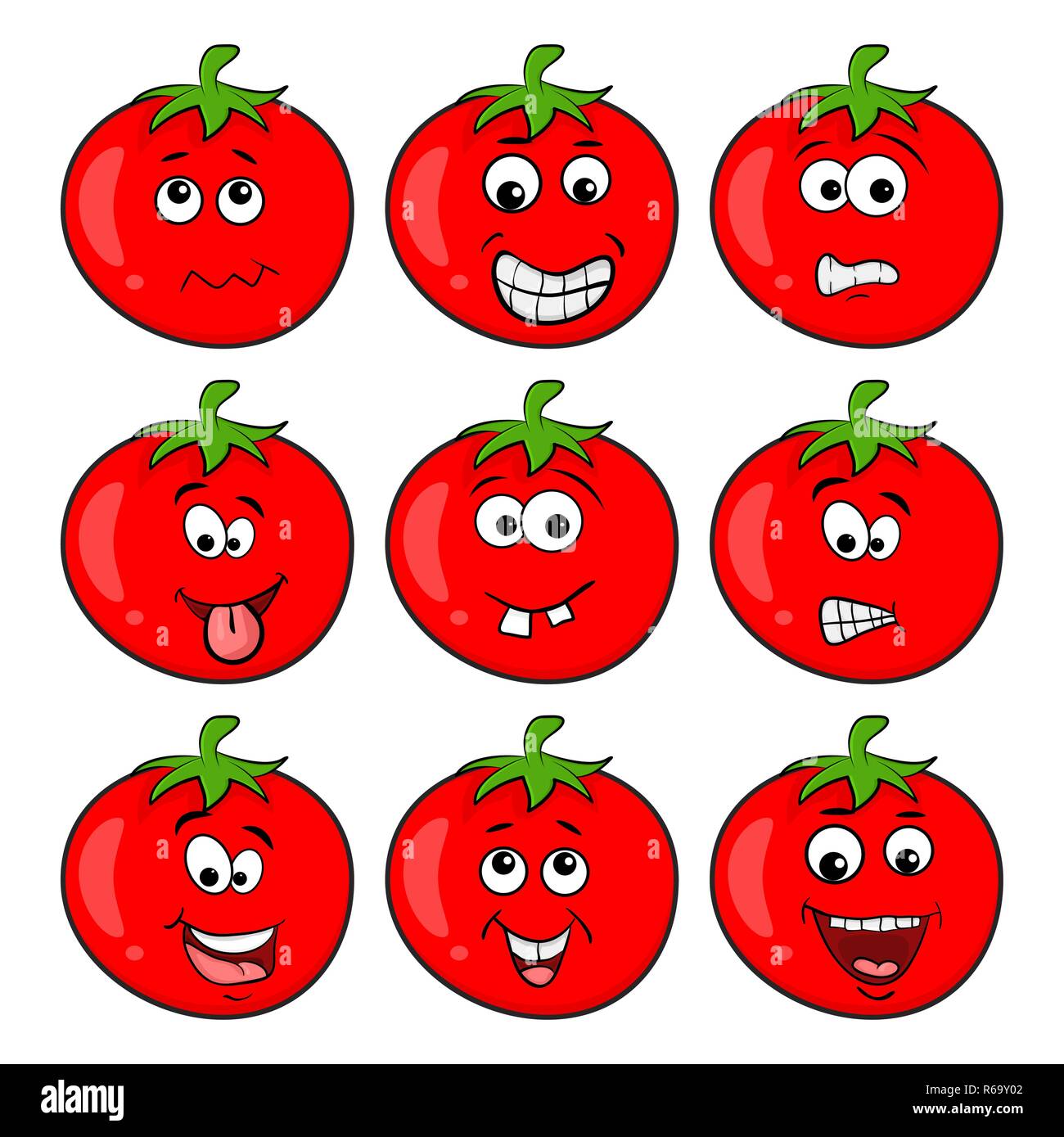 Pomodoro divertenti character set design cartoon isolati su sfondo bianco Illustrazione Vettoriale