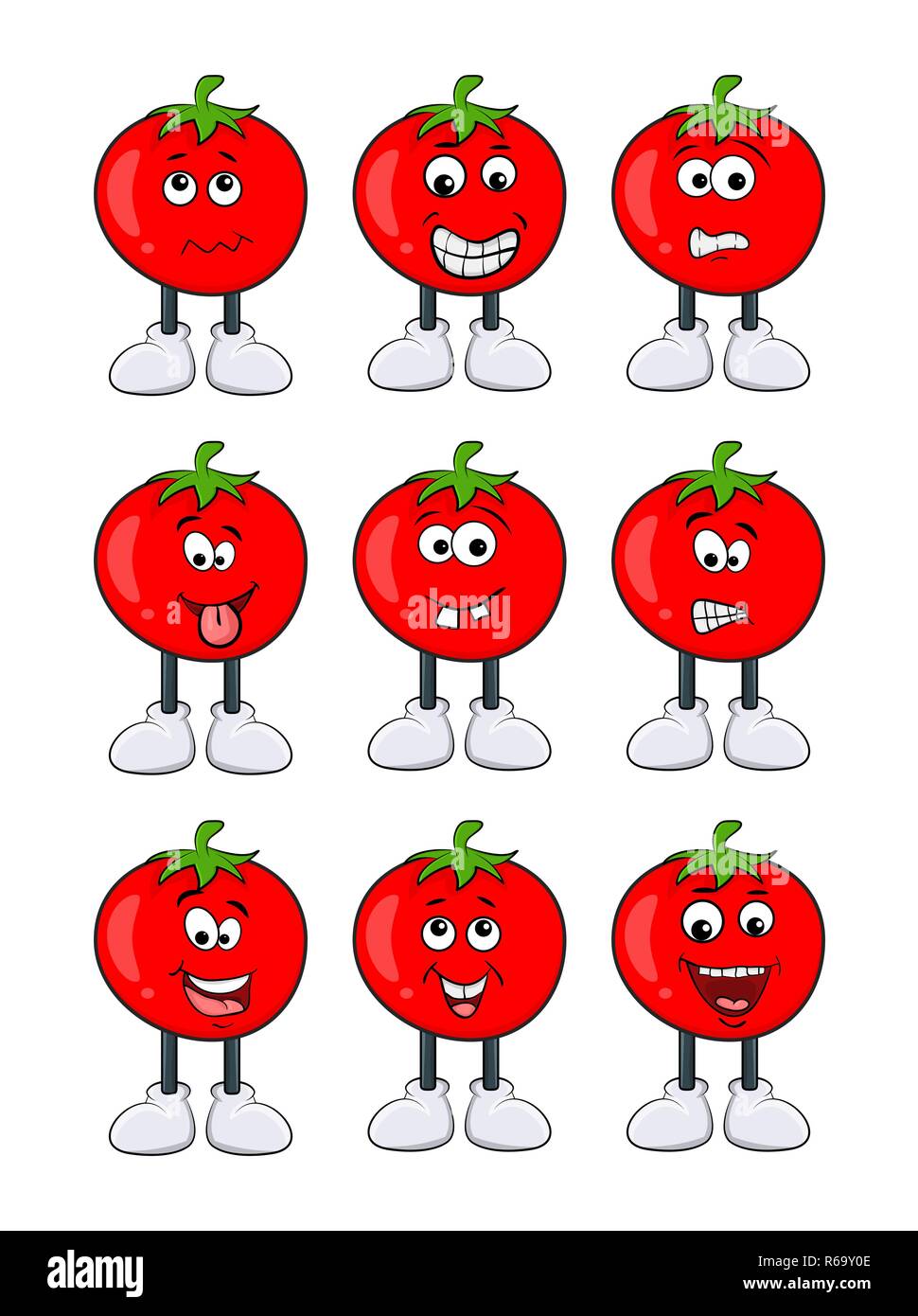 Pomodoro divertenti character set design cartoon isolati su sfondo bianco Illustrazione Vettoriale